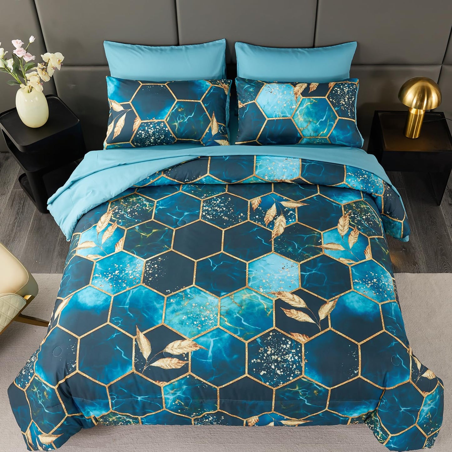 ZRNBAST Honeycomb Comforter Set - 7 Piece Hexagon Bedding Set - Full Size - Teal Gold - All Season - Down Alternative - for Teens & Adults
