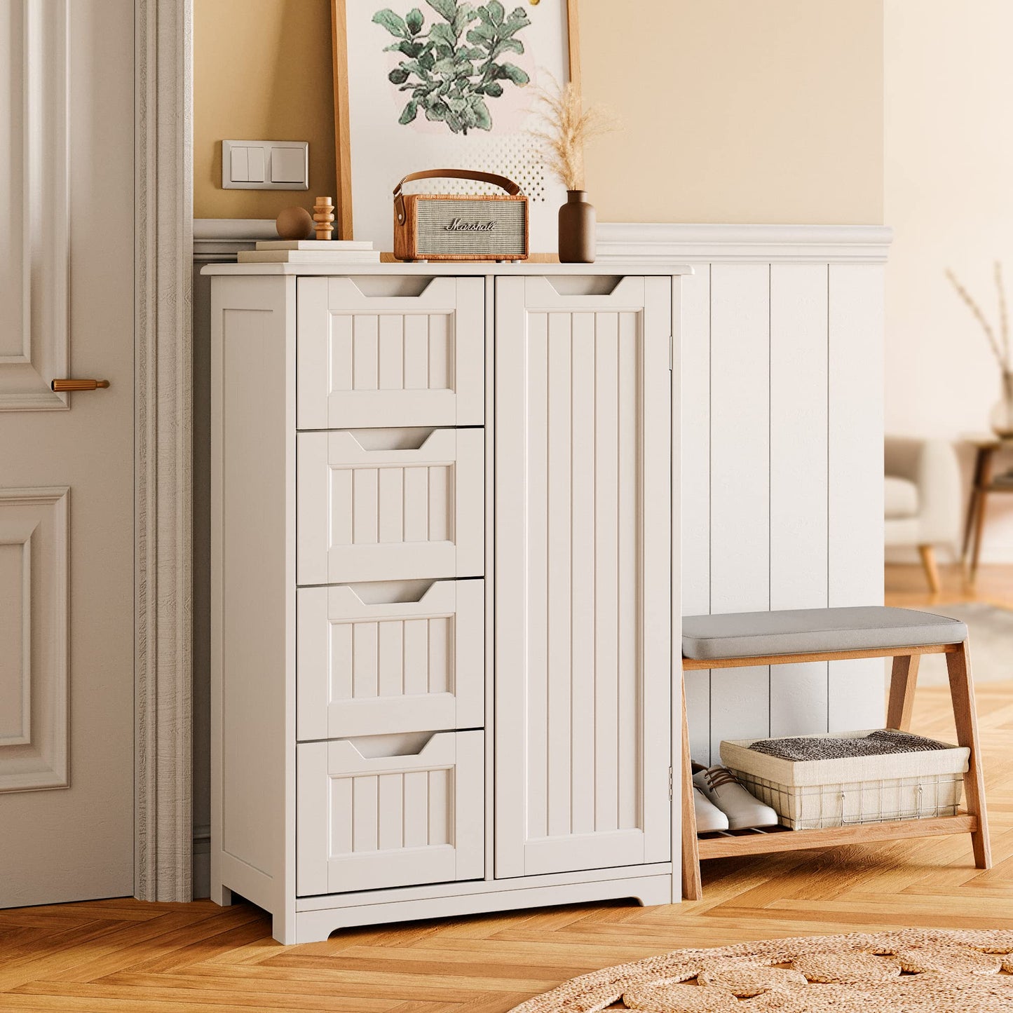 Gizoon Small Pantry with Door and Shelves, 33'' Kitchen Pantry Storage Cabinet Freestanding Samll Coffee Bar Cabinet with 4 Drawers for Kitchen and Dining Room, White, Painted