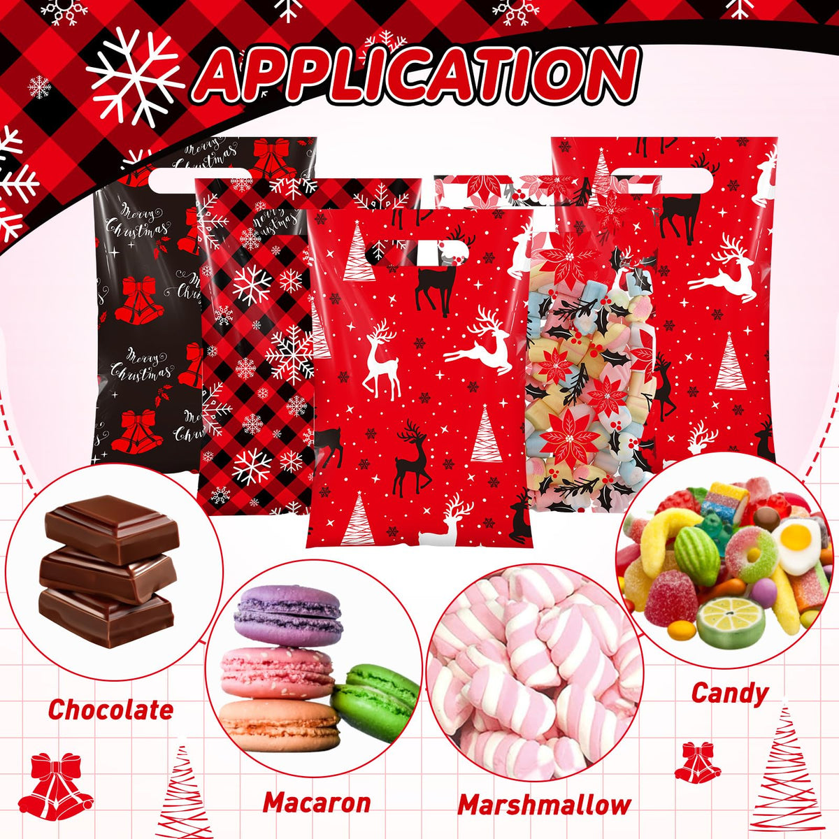 Teenyyou 60 Pcs Christmas Party Gift Bags Plastic Poinsettias Treat Bags Plaid Snowflakes Bells Reindeer Candy Goodie Handbags for Festive Holiday Winter Theme Favors Supplies