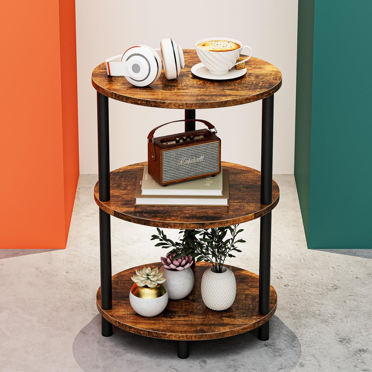RISWER Round Small Side Table - 3 Tier Oval Accent Table for Small Spaces, Rustic Wood and Metal Couch End Table, Nightstand for Bedroom or End Table Living Room, Easy to Assemble, Rustic Brown