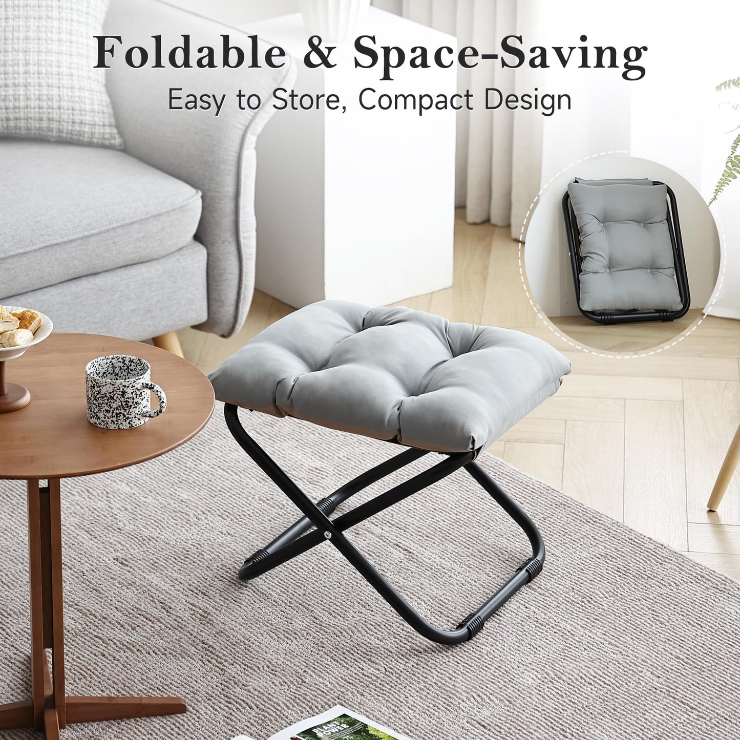Welnow Folding Foot Stool, Upholstered Small Accent Ottoman with Detachable Thick Cotton Cushion, Padded Sofa Stool with Straight Metal Legs for Lazy Chair, Living Room, Bedroom, Light Grey