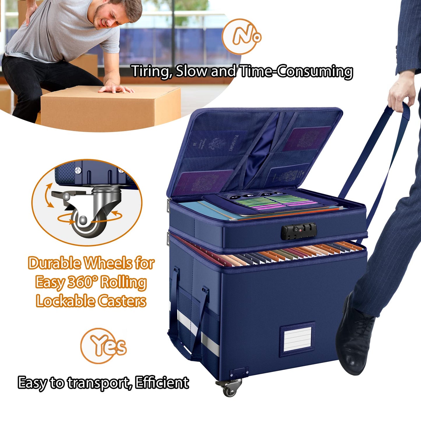 DocSafe File Box with Lock, 2-Layer Fireproof Document Box with Wheels,Collapsible File Storage Organizer with Pockets,Large Portable Office Filing Cabinet Hanging Folders,Blue,16''x13.8''x12.2''
