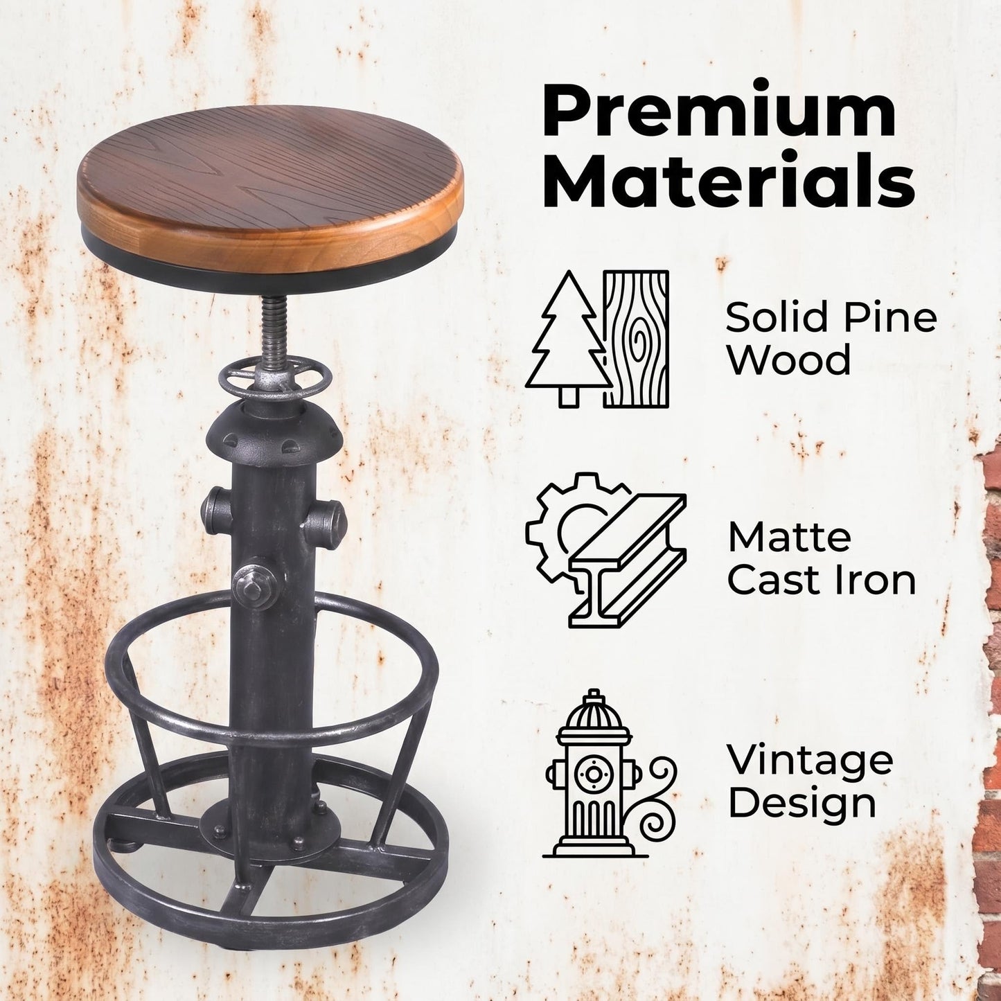 Topower Antique Industrial Round Bottom Adjustable Height Cafe Coffee Retro Vintage Stylish Water Pipe Design Pub Kitchen Bar Stool (Silver, Wooden Top)