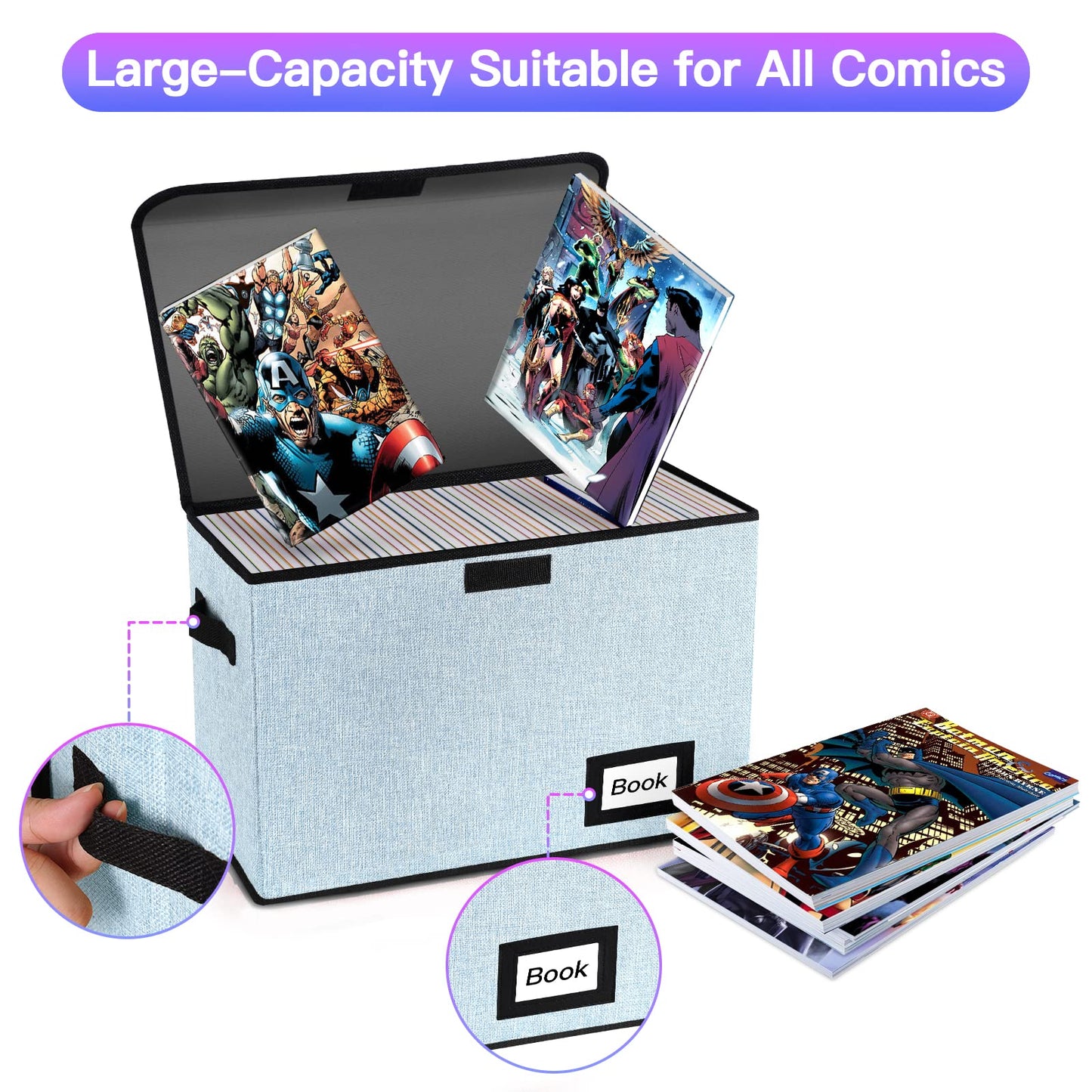 YNSZAS 2 Pack Comic Book Storage Box, Comic Protector Organizer, 15.8" X 7.8" X 11.8", Collapsible Comic Short Box, Holds 160-180 Comic Book Container Holder Shelf Bin (Blue)