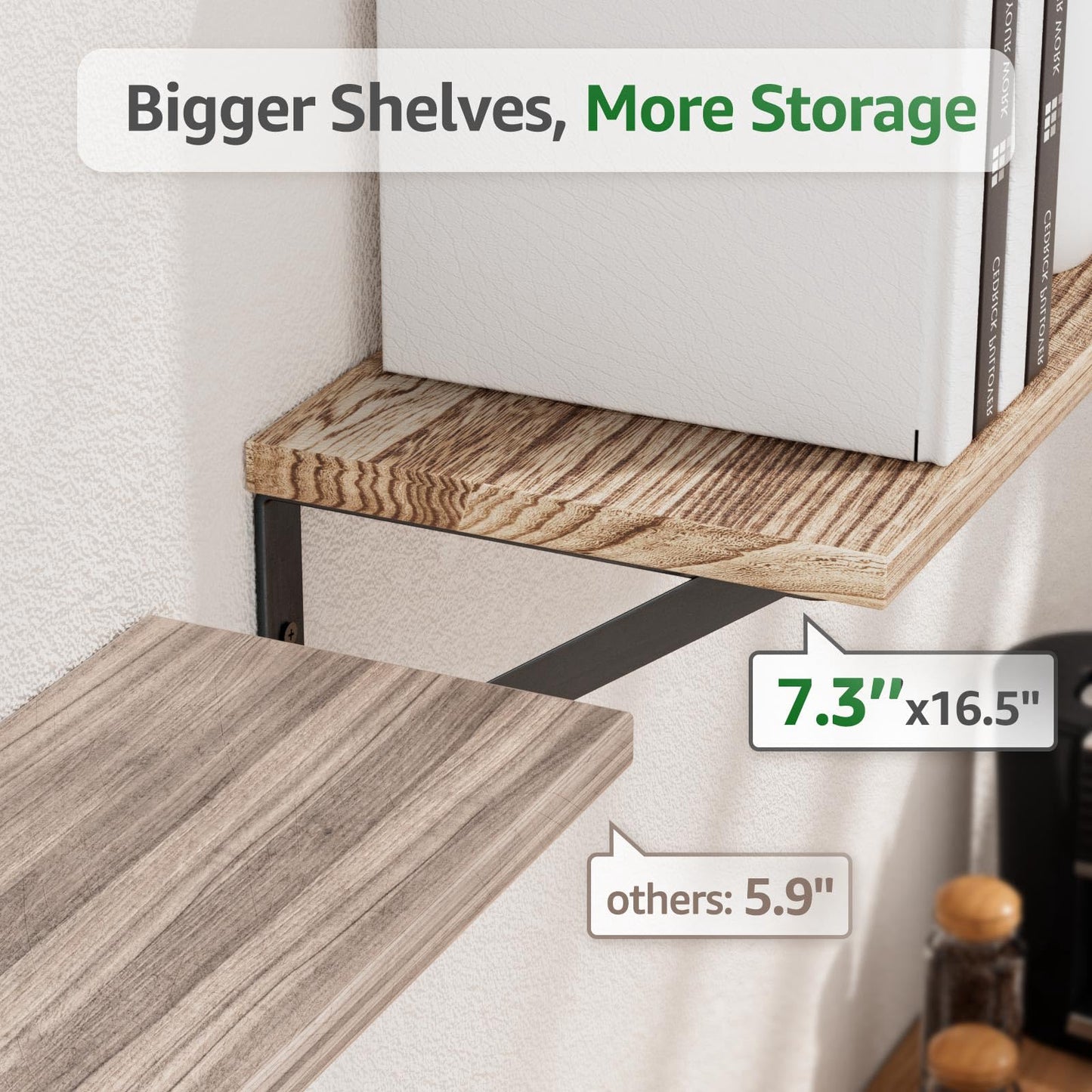 COCOYA Wall Shelves 7.3" Deep Set of 5, Solid Paulownia Wood Wider Longer Sturdy Easy to Install Wall Mounted Bookshelves Storage Shelves Bathroom Home Office Laundry Room Bedroom Organizer