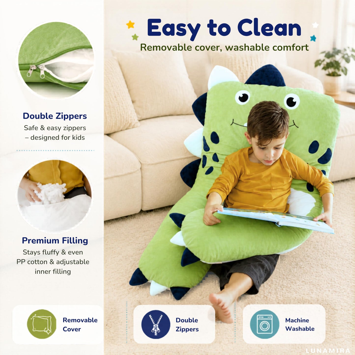 LUNAMIRA Dino Kids Body Pillow - 47" U-Shape Long Plush Soft Animal Pillow for Kids, Sleeping, Reading, ADHD & Special Needs Comfort, Anxiety, Washable Cover, Snuggle Fun Cuddle Gift for Boys & Girls