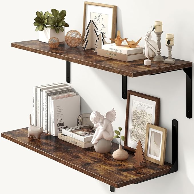 Fun Memories Rustic Brown 12 Inch Deep Floating Shelves Set of 2, Wall Mounted