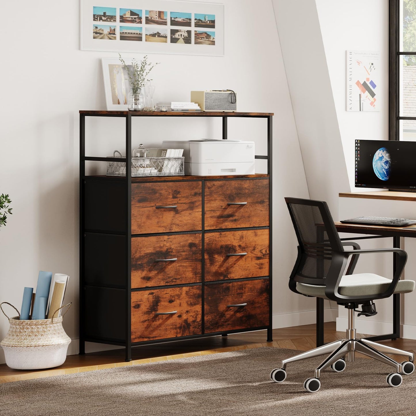 DreamDashio 51" H Tall Mobile File Cabinet, Rolling Printer Stand with 6 Drawers, Adjustable Hanging Rails for A4/Letter/Legal Files, Fabric Vertical Filing Cabinet for Home Office, Rustic Brown