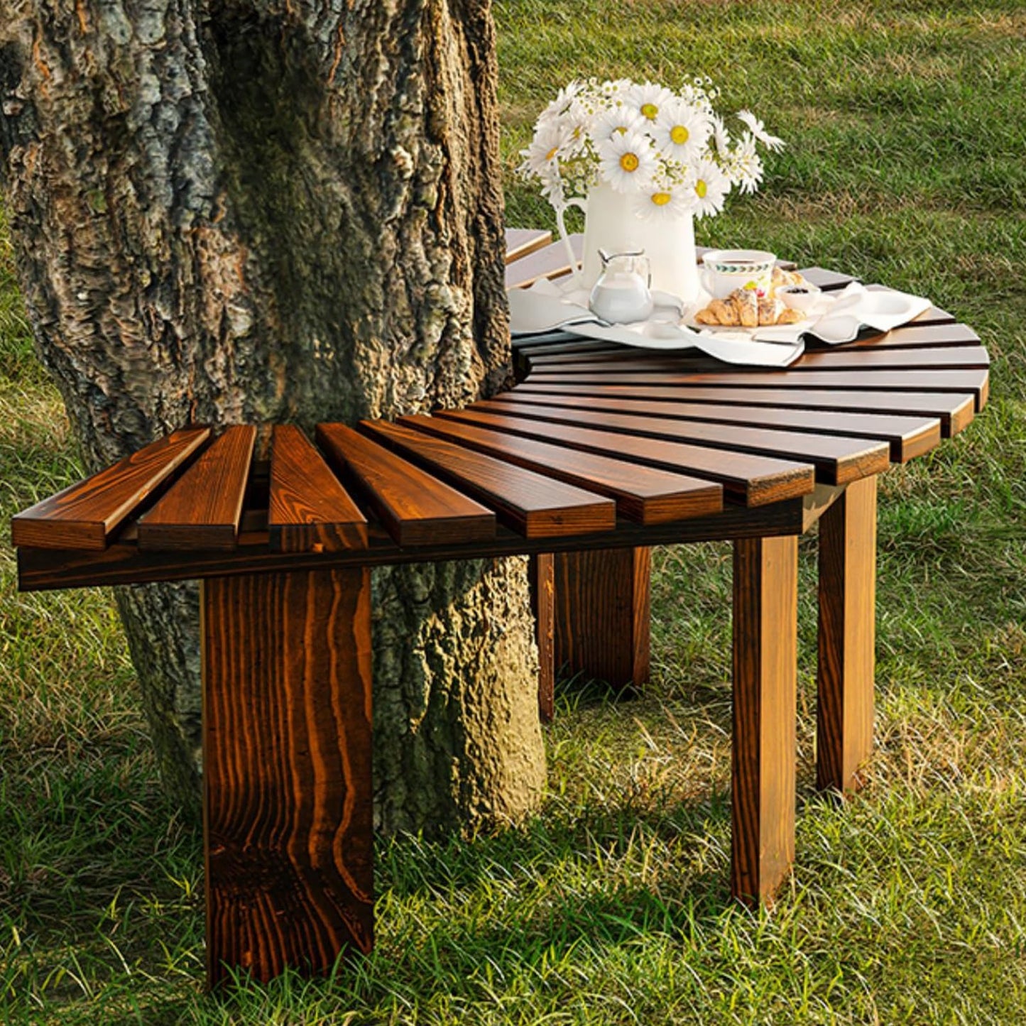 Wooden Semi-Circle Tree Bench - Outdoor Wrap-Around Seating for Park, Garden, Porch & Lawn - All-Weather Brown Furniture Decoration (Half Round Size)