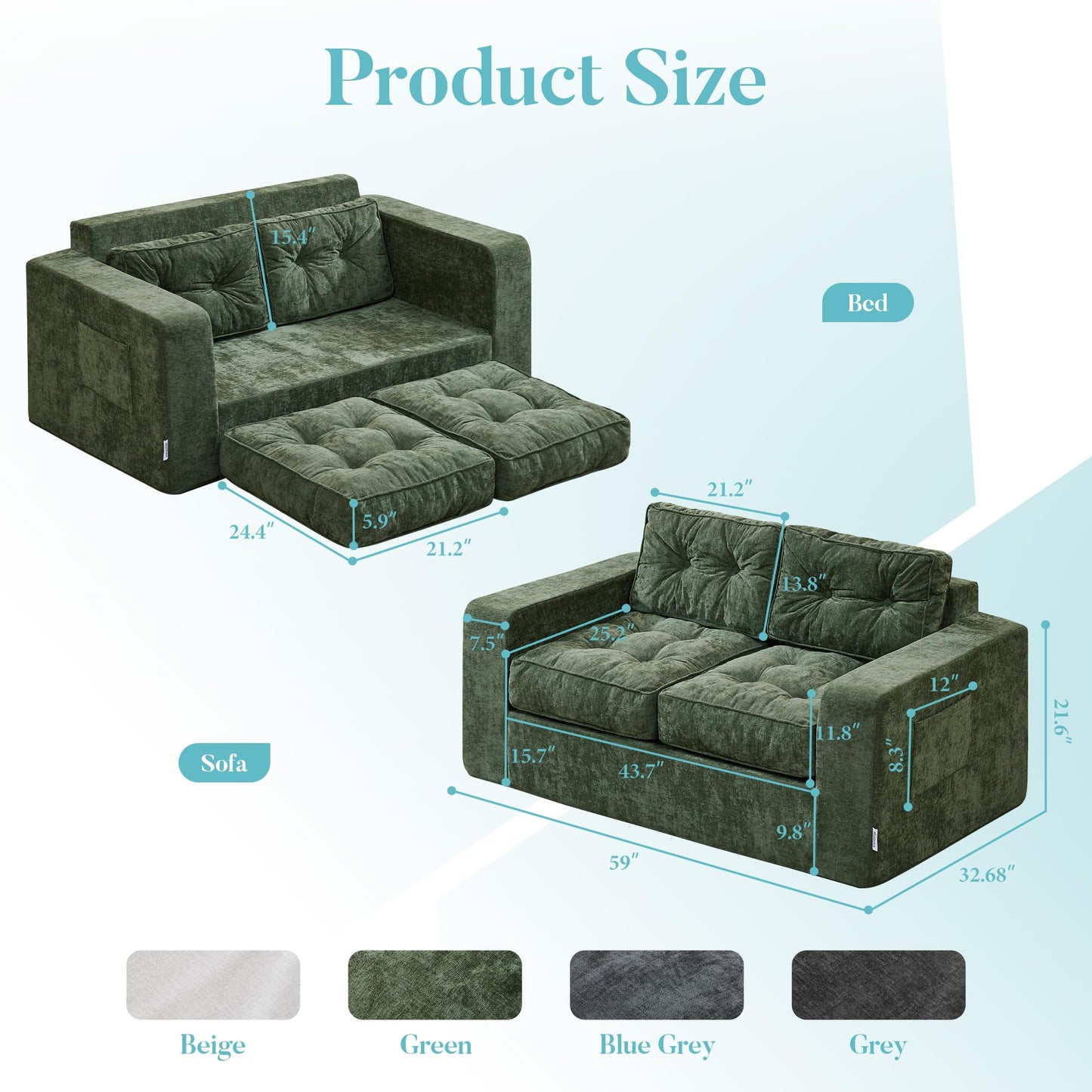 Hobestluk Sofa Couch Loveseat Sofa with Chenille Fabric 2-Seater Sofa for Small Spaces Comfortable Foam Floor Sofa 2 in 1 Boneless Couch for Living Room Bedroom Apartment or Office (Green, Loveseat)
