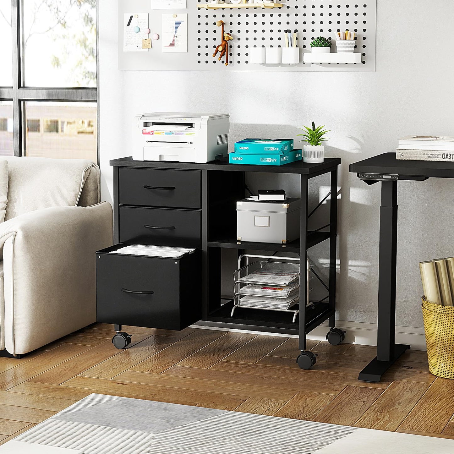 DUMOS 3 Drawer Mobile File Cabinet, Freestanding Fabric Lateral Filing Cabinet Fits A4/Letter Size, Space Saving Rolling Printer Stand with X-Frame and Open Storage Shelf for Home Office, Modern Black