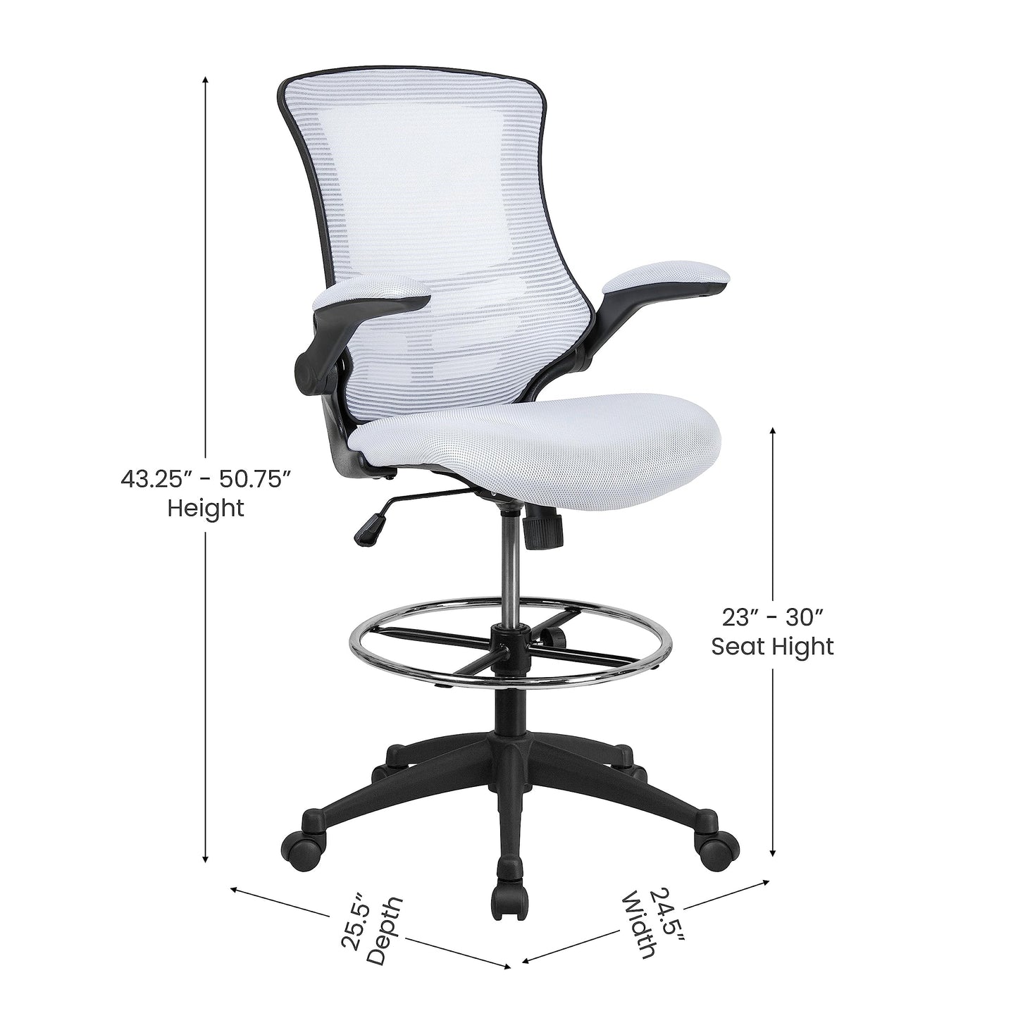 Flash Furniture Kelista Mid-Back White Mesh Ergonomic Drafting Chair | Adjustable Foot Ring, Flip-Up Arms | Comfort and Productivity