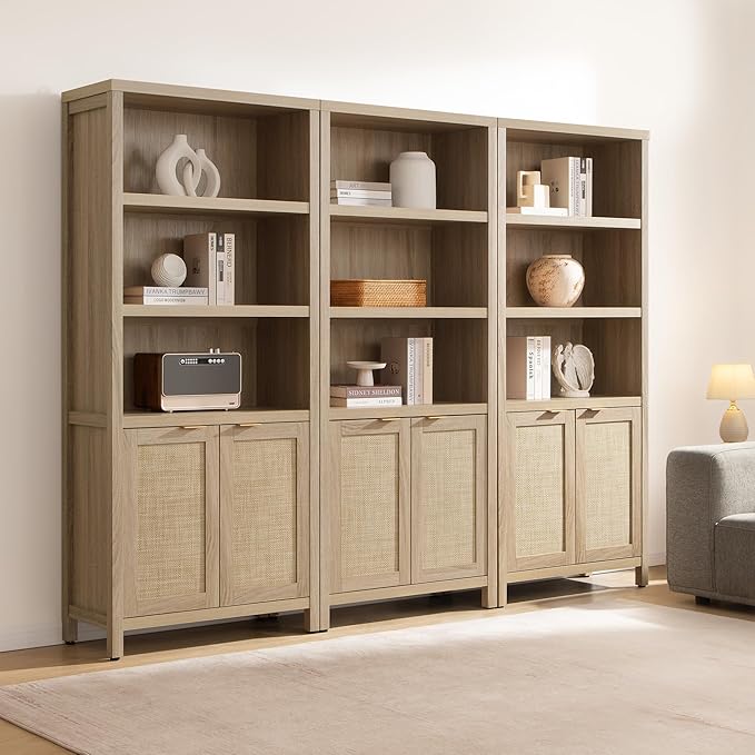 SICOTAS Bookcase 71" Tall Bookshelf 5 Tier Rattan Boho Bookcase