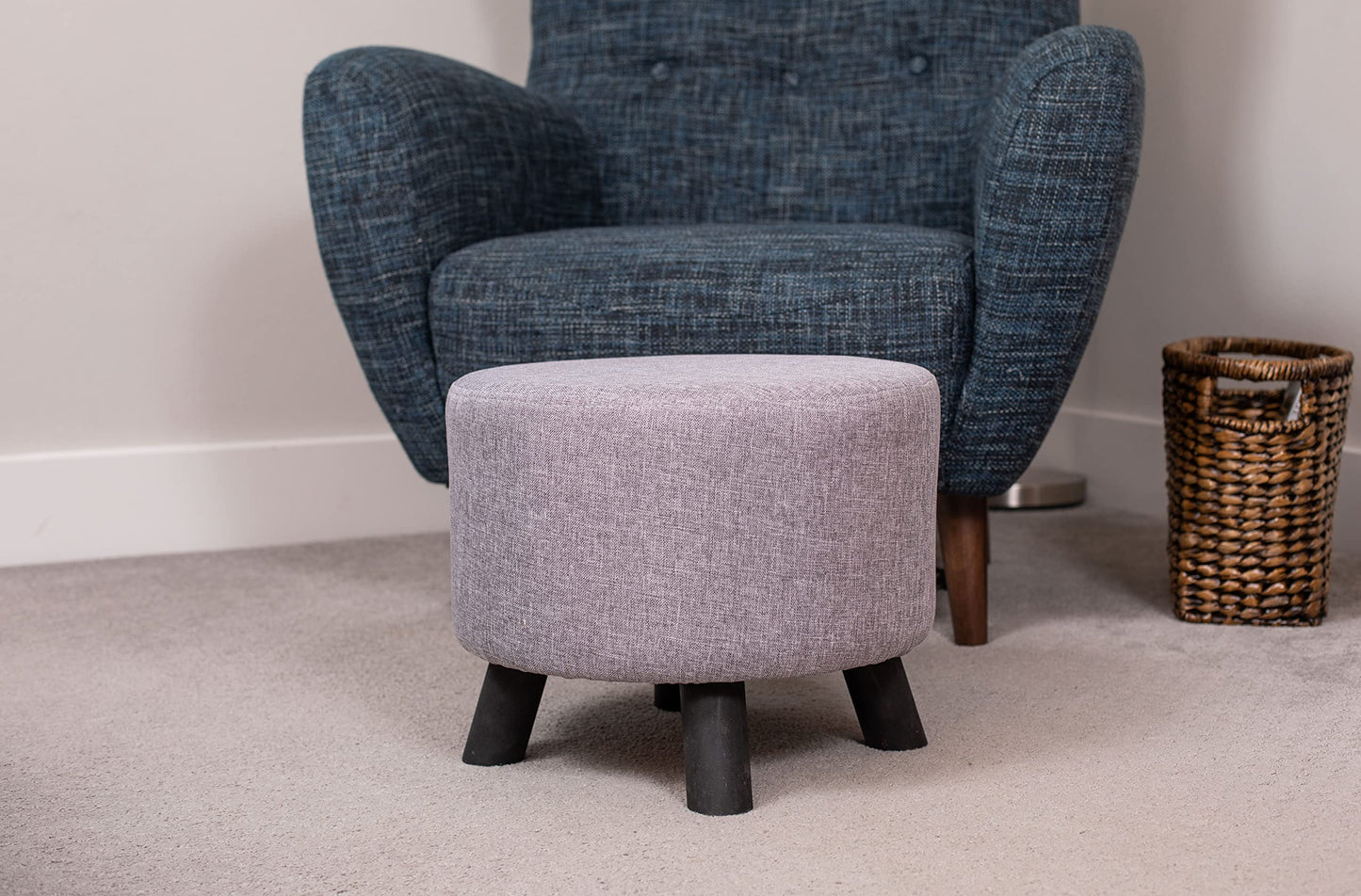 BIRDROCK HOME Grey Linen Foot Stool Ottoman – Soft Compact Round Padded Seat – Living Room and Bedroom – Black Wood Legs Upholstered Decorative Furniture Rest – Vanity Seat
