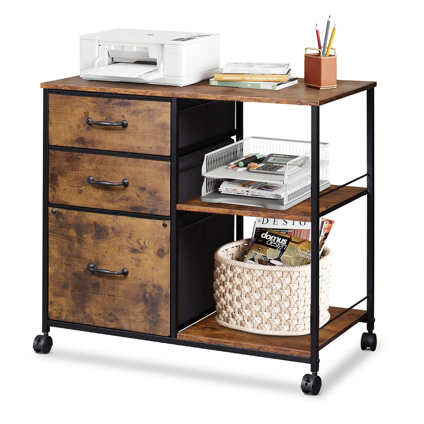 DEVAISE 3 Drawer Mobile File Cabinet, Rolling Printer Stand with Open Storage Shelf, Fabric Lateral Filing Cabinet fits A4 or Letter Size for Home Office, Rustic Brown Wood Grain Print