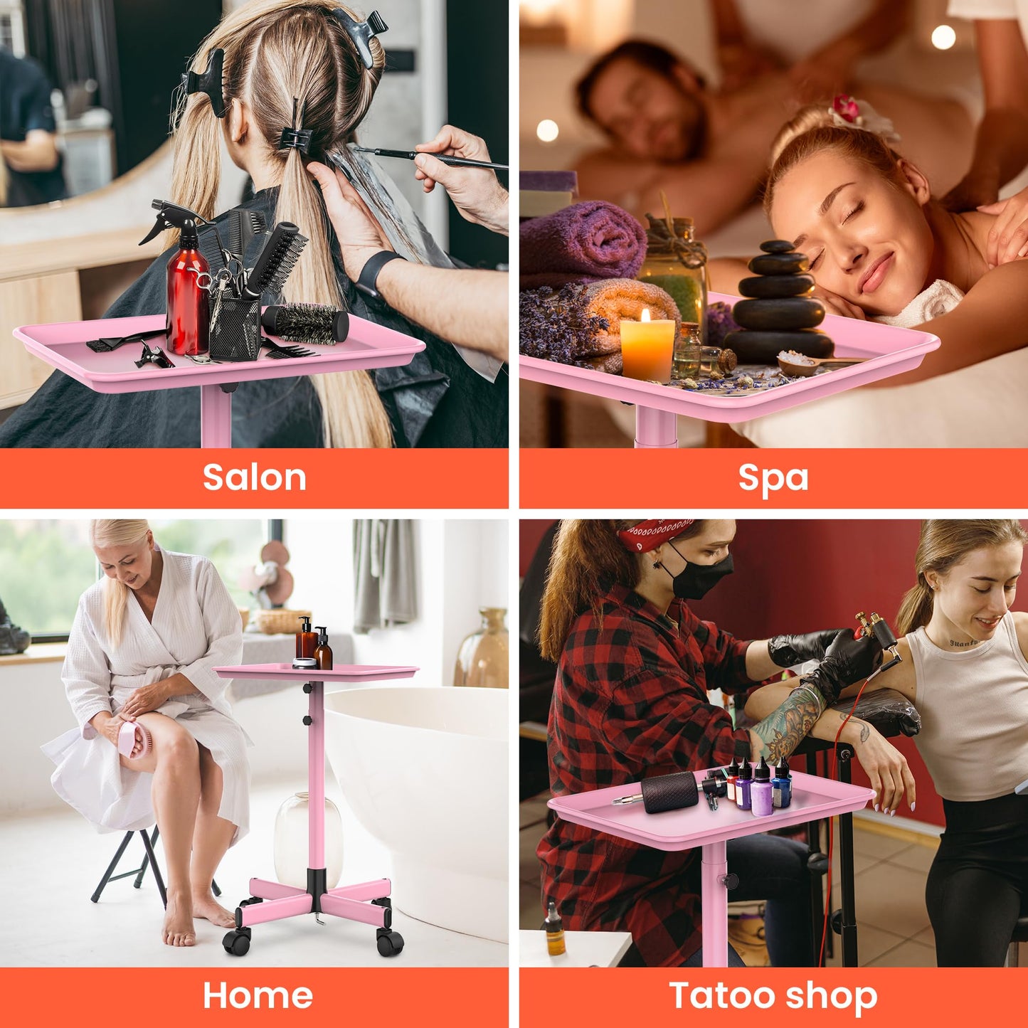 TASALON Premium Salon Tray on Wheels, Aluminum Salon Rolling Tray Trolley for Salon Essentials, Adjustable Height Provides Ample Storage for Hairstylist, Tattoo and Clinic Use - Pink