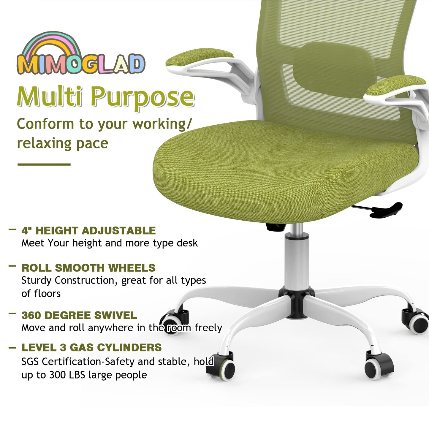 Mimoglad Ergonomic High Back Mesh Office Chair, Adjustable Lumbar Support, Thickened Seat Cushion (Modern, Green Pear)