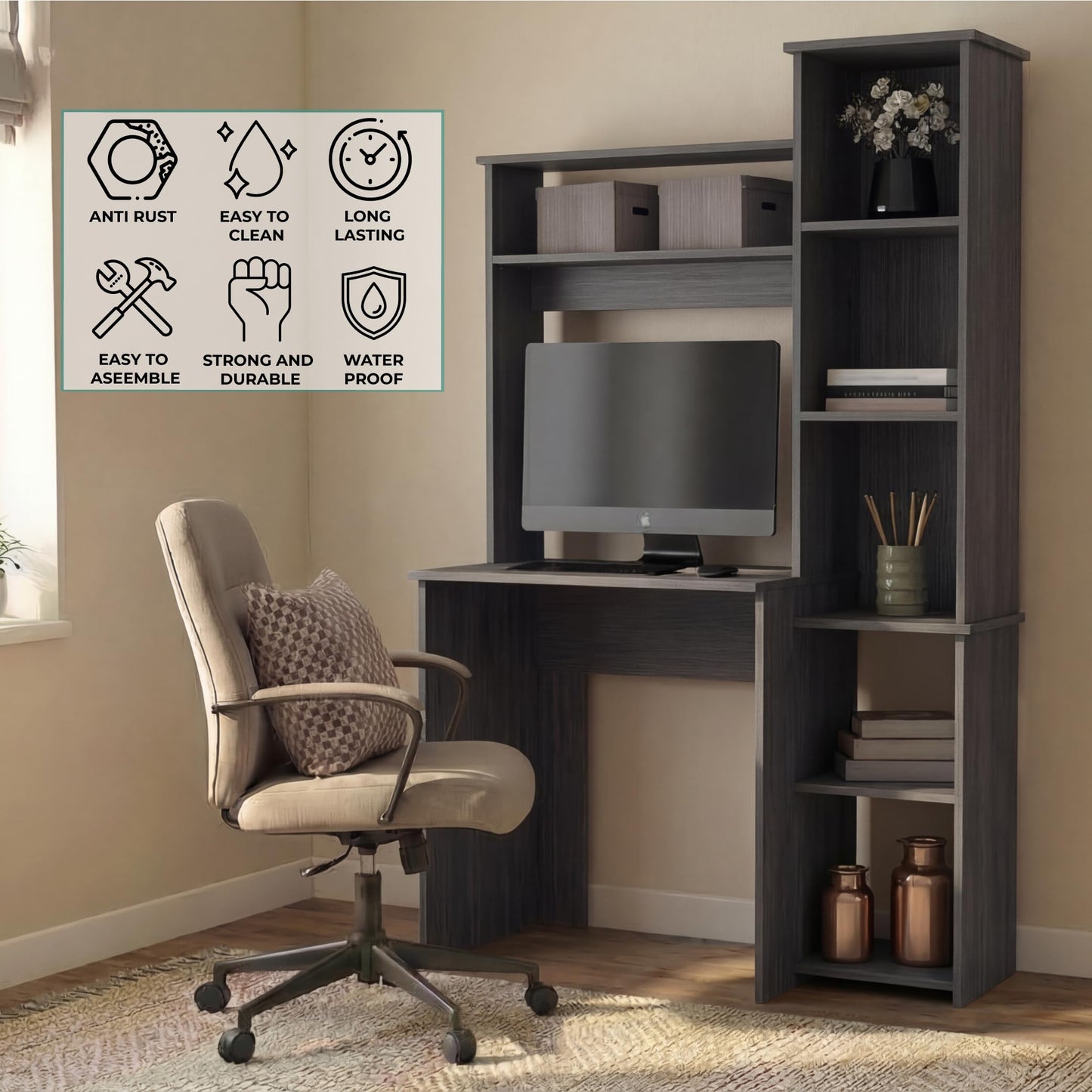 Tuhome Versalles Writing Desk with Two Superior Shelves, Five Side Open Storage Compartments, Space-Saving Modern Workstation Design for Studios and Offices, Ideal for Organization, Books