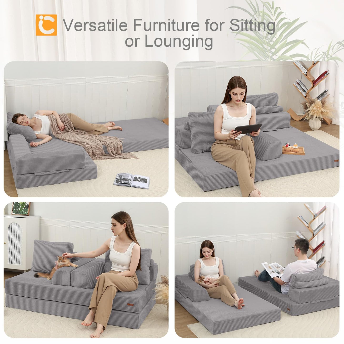 COMAX Convertible Sofa Bed, Folding Floor Couch Corduroy Fold Out Couch Bed Futon Sleeper Mattress with Pillows, Boneless Sofa Comfy Lounge Loveseat for Living Room Bedroom, Light Grey