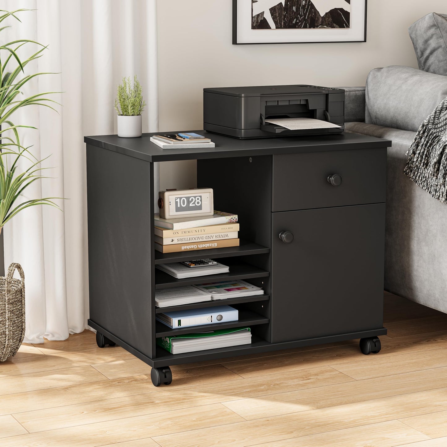 Quikraen Wooden Rolling File Cabinet Black Mobile Lateral Office Filing Cabinets with Doors and Open Adjustable Shelves Lateral Printer Stand with Drawer for Office Supplies
