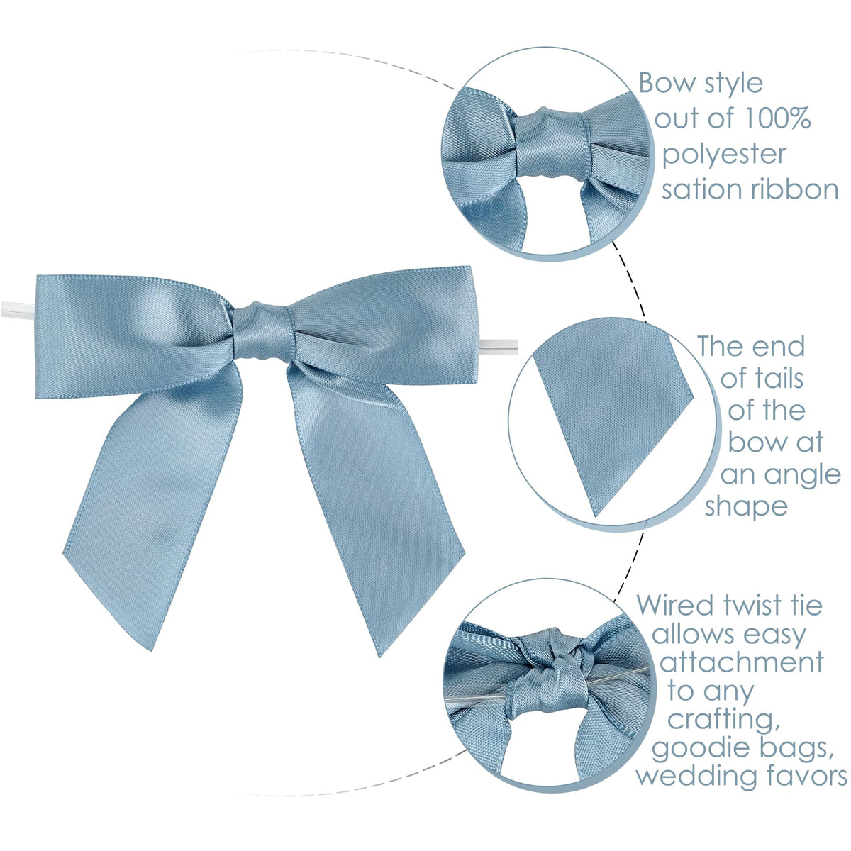 AIMUDI Dusty Blue Satin Ribbon Bows 3.5" Pre-Tied Twist Tie Bows for Treat Bags Gift Wrapping Cake Pop Goodie Bags Party Wedding Baby Shower Favor - 50 PCs
