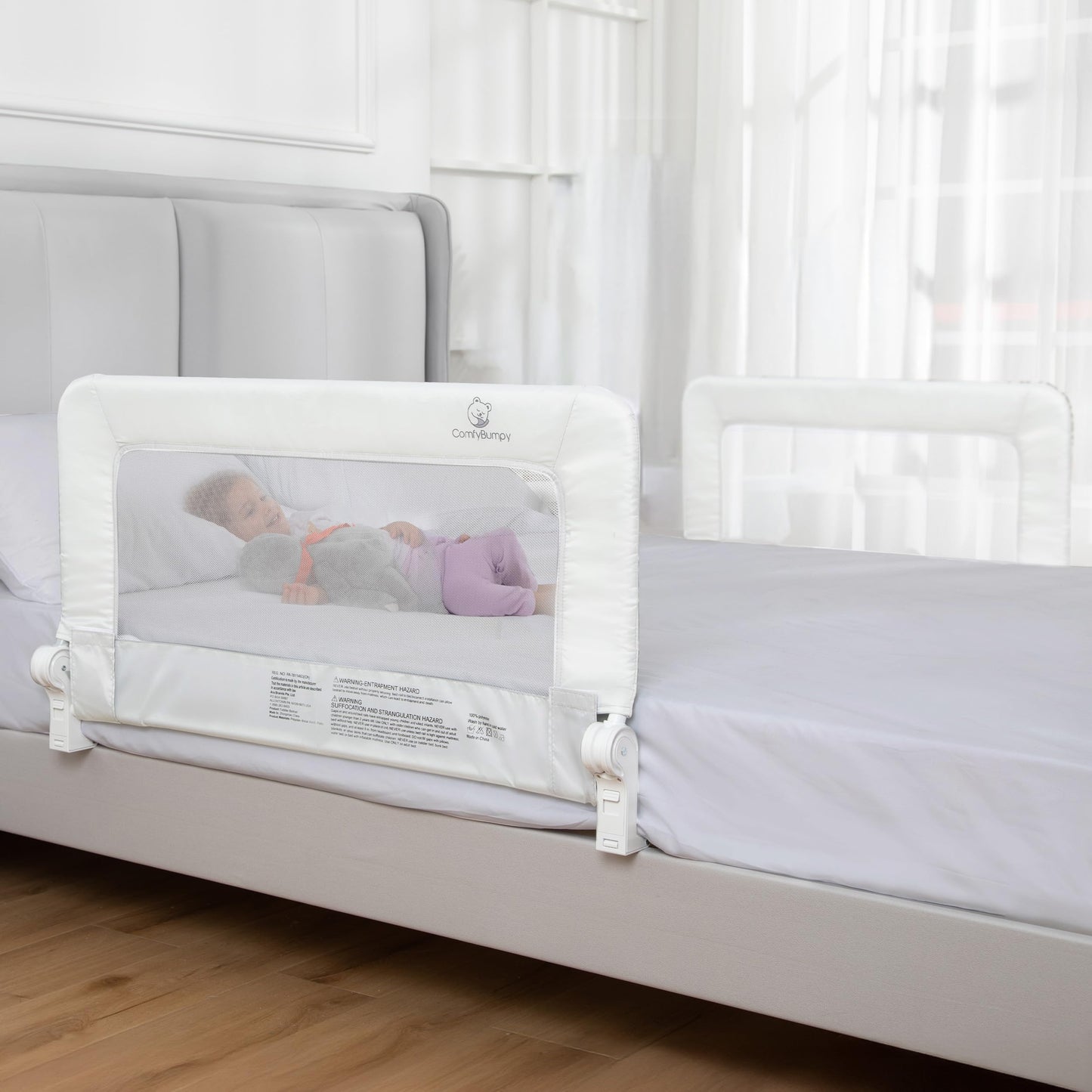ComfyBumpy 2-Pack Bed Rail for Toddlers 35.5" L x 19.5" H | Toddler Bed Rails for Twin, Full & Toddler Mattress Size | Swing Down Rail Guard | Mattress Side Rail for Kids | White