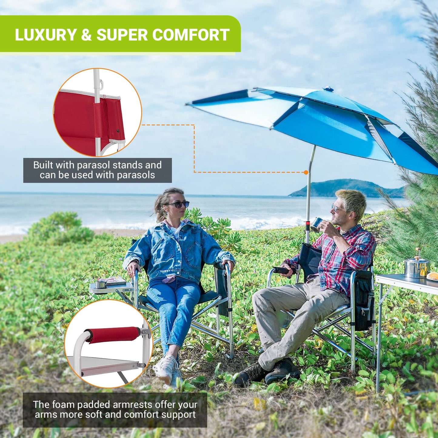 FUNDANGO Camping Chair with Side Table,Camping Director Chair with Armrest,Lawn Chair for Camping Fishing Picnic (Wine RED)