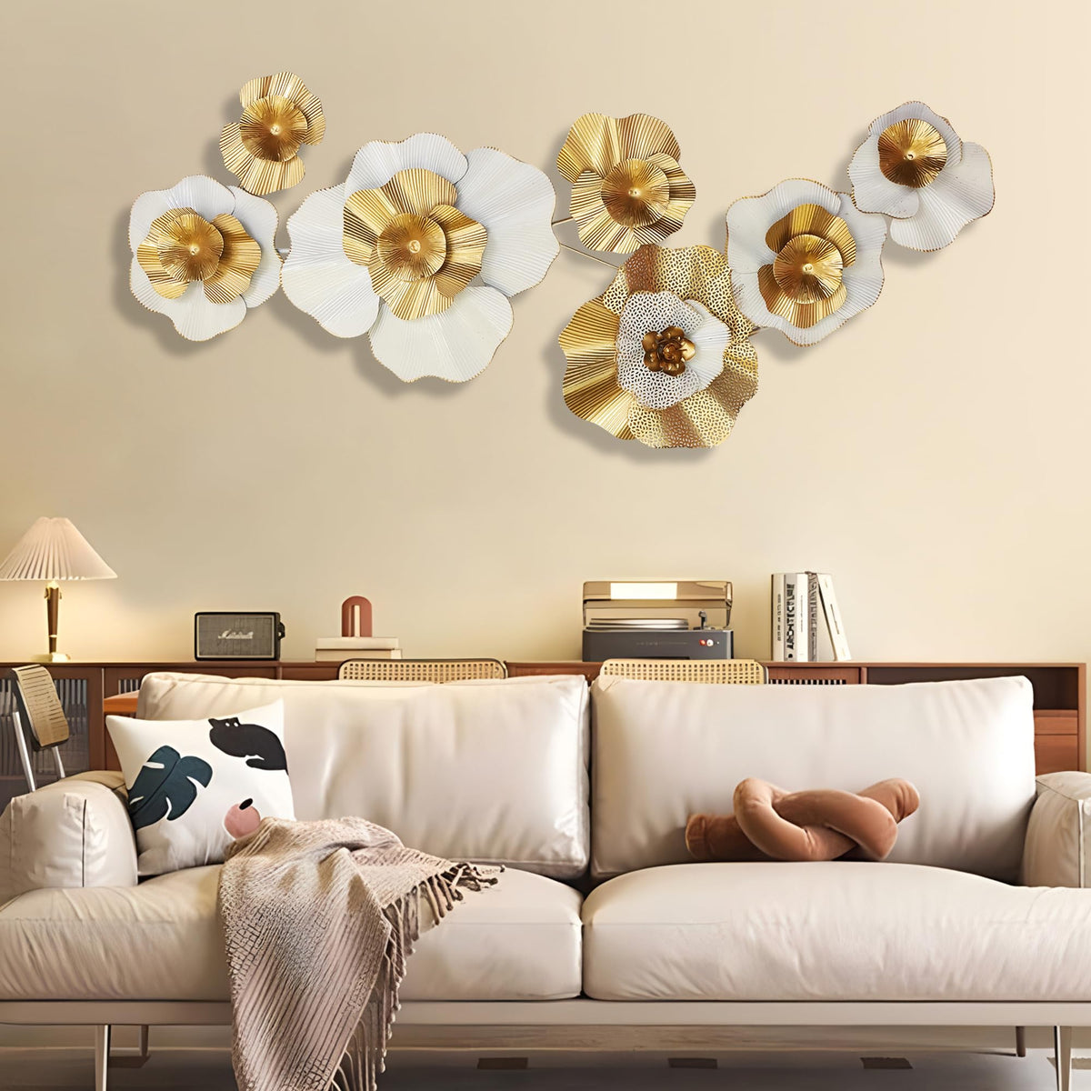 White Gold Abstract Wall Decor - Modern Metal Wall Sculptures, Large 3D Vertical 49"*25" Flower Wall Decor for Living Room, Dining Room, Bedroom