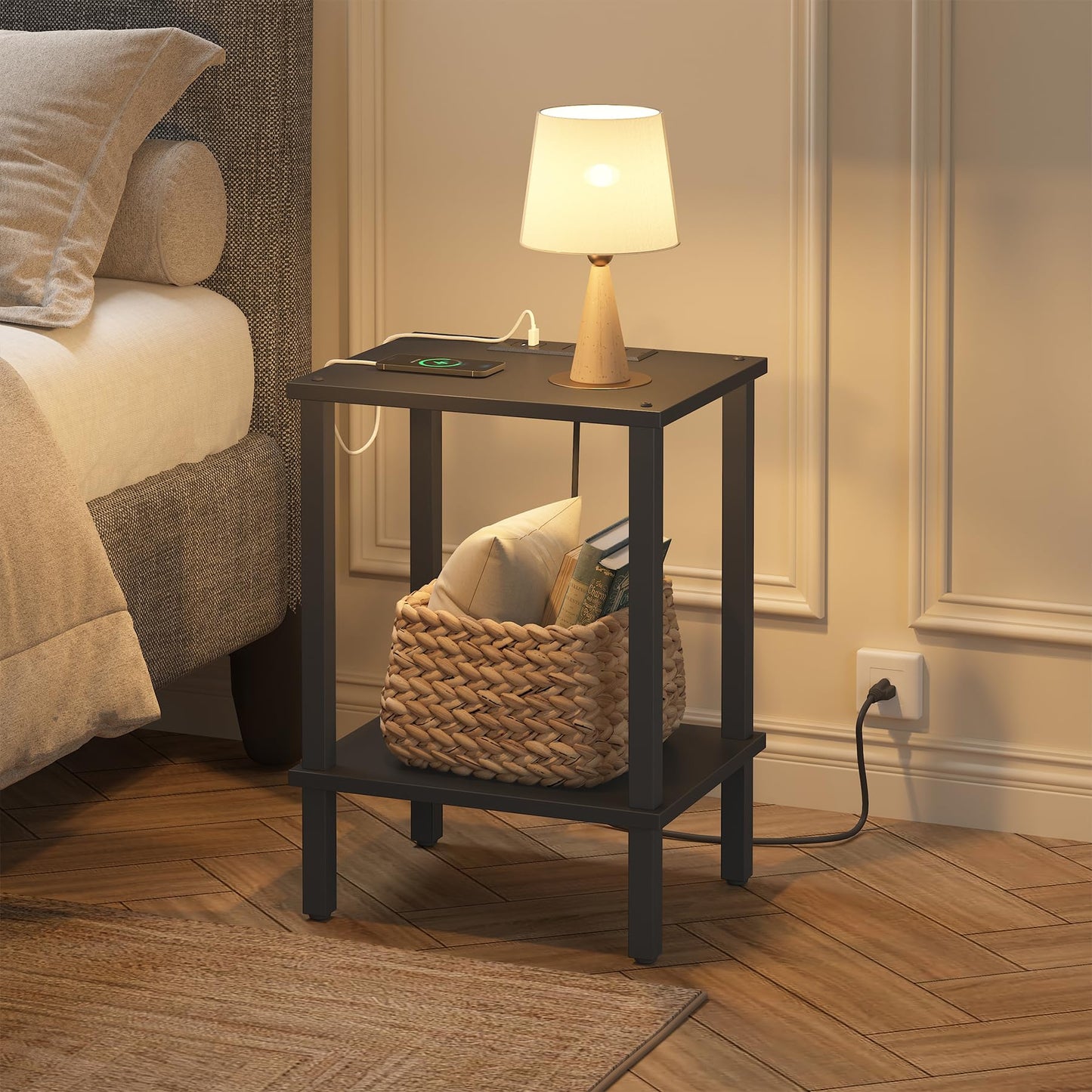 TUTOTAK End Table with Charging Station, Side Table with USB Ports and Outlets, Nightstand, 2-Tier Storage Shelf, Sofa Table for Small Space TB01BK040