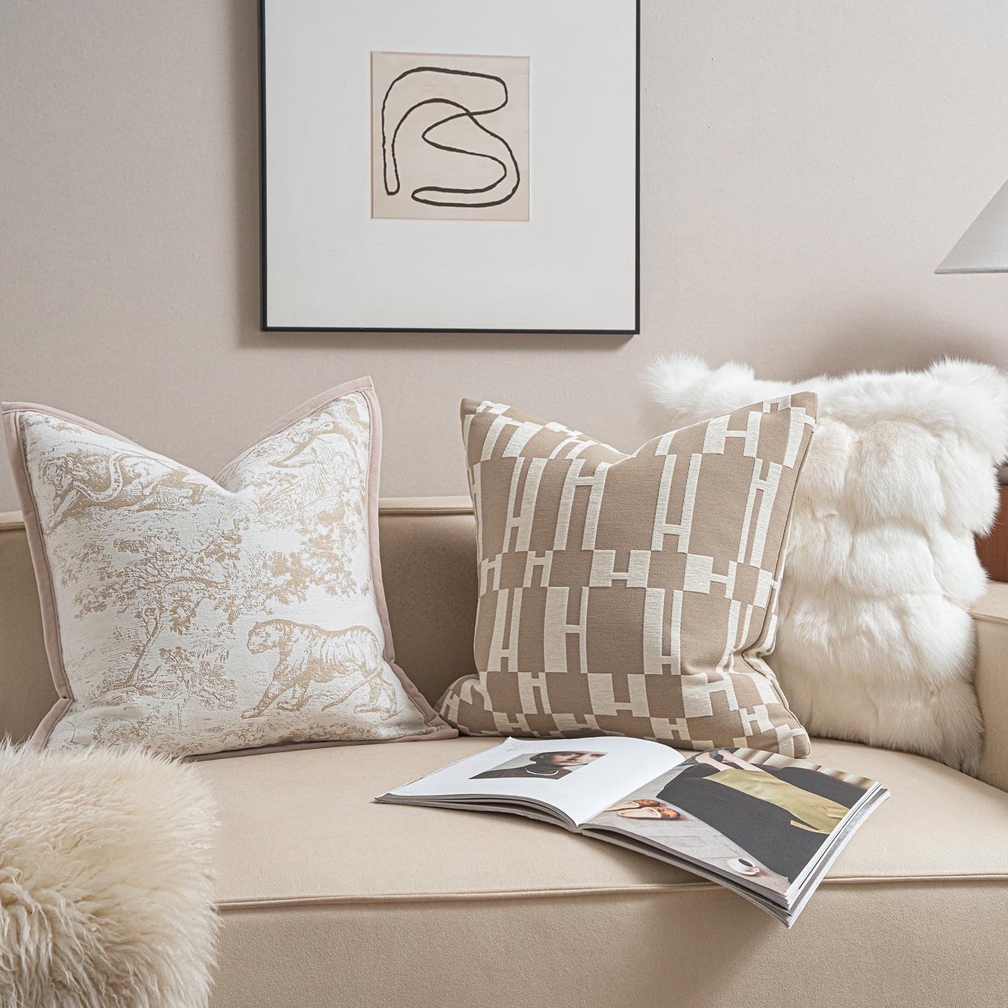 Croker Horse New 20x20'' inches Throw Pillow Cushion Covers - Beige H Letter Chenille Jacquard Embroidery Luxury Modern Style Couch Sofa Bed Pillow Cover for Living Room Bedroom