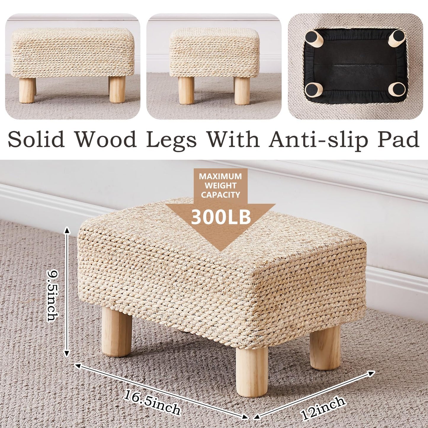 Wimarsbon Natural Seagrass Footstool Ottoman Rectangular Footrest Pouf Ottomans with Wooden Legs Hand Weave Step Stool for Living Room Bedroom Entryway Natural White