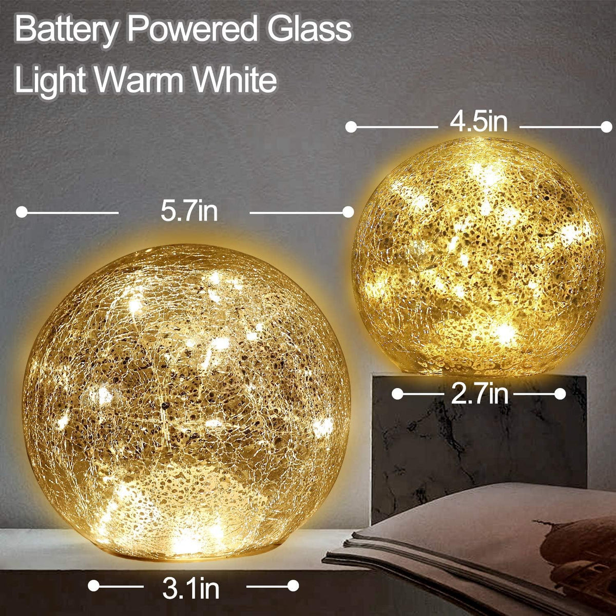 Mercury Crackle LED Glass Globe Ball Lamp with Timer, Battery Operated Night Light for Girls, Birthday, Halloween,Christmas - Decorative Gift for Home Warm White (with Timer)