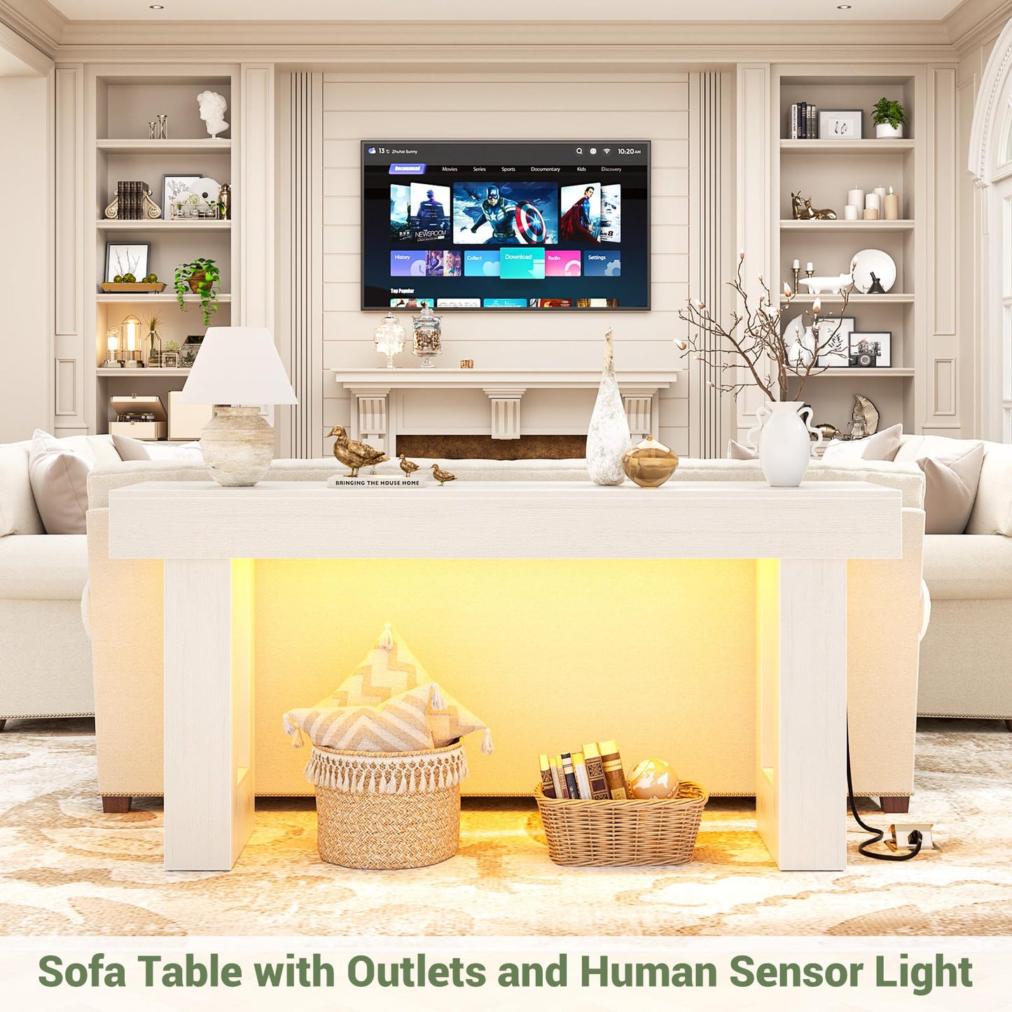 Unikito 63'' Farmhouse Console Table with Power Outlets and Sensor Light, Wooden Entryway Table with Storage, Rectangular Sofa Tables Behind The Couch for Entrance, Hallway, Living Room, Antique White