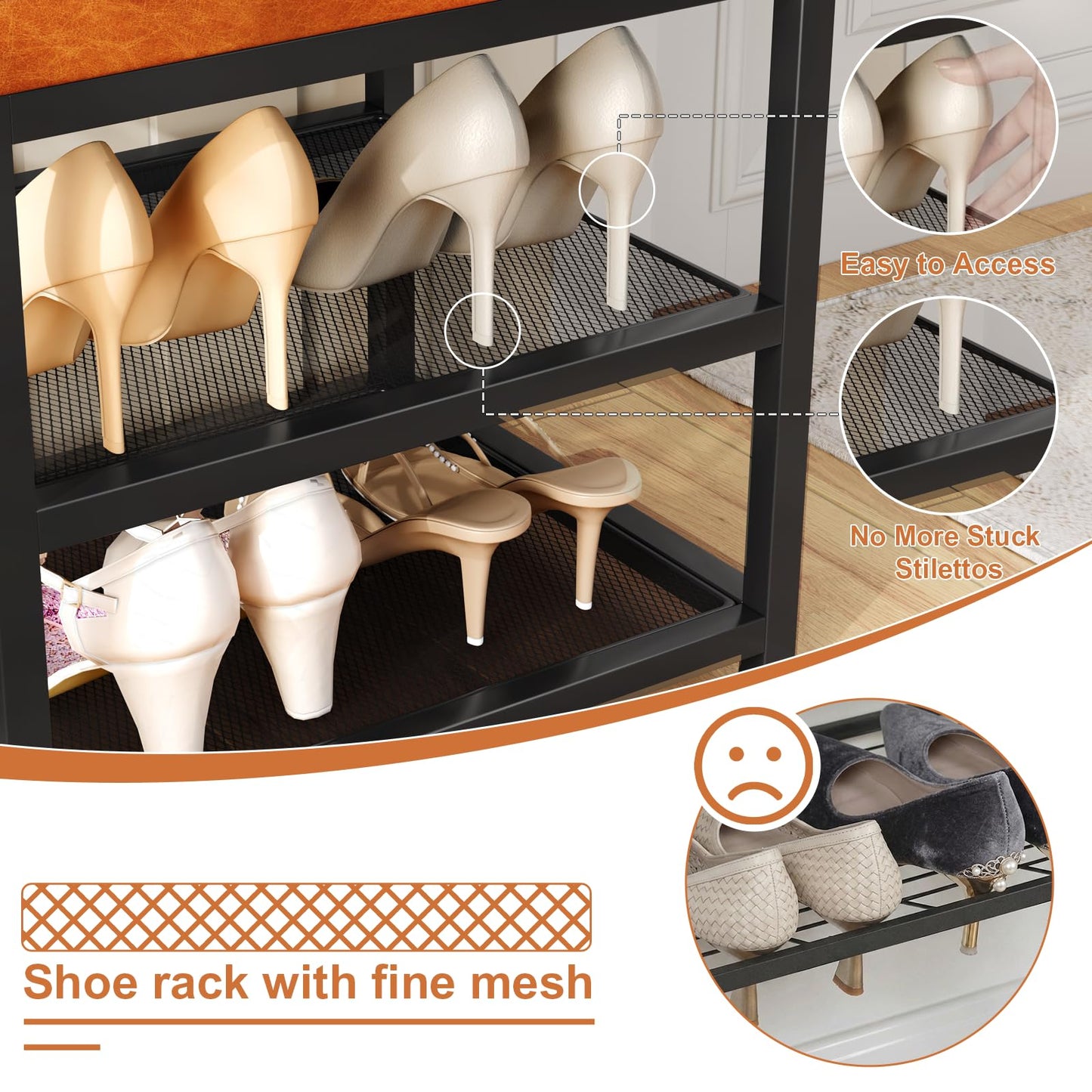 Small Shoe Storage Bench with PU Leather Seat Cushion, 3-Tier Freestanding Shoe Rack Organizer for Entryway, Heavy-Duty Metal Mesh Shelves, Supports Up to 300 lbs, Brown (15.7"x11.4"x17.5")