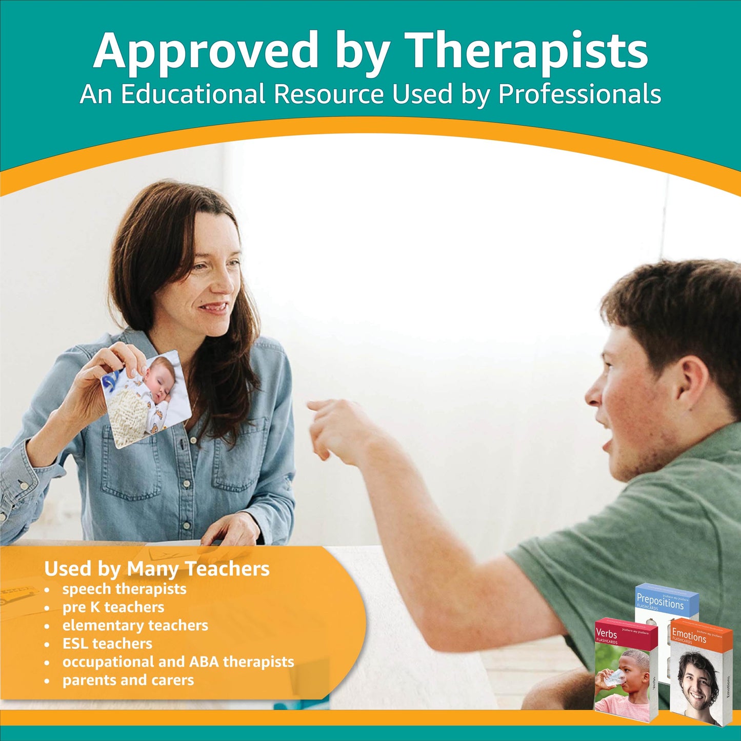 Picture My Picture Verbs, Prepositions and Feelings Flash Card Set– Speech Therapy Tool for Vocabulary, Communication & Thinking, with Activity Guide, Suitable for Education, ESL & ABA – Set of 120