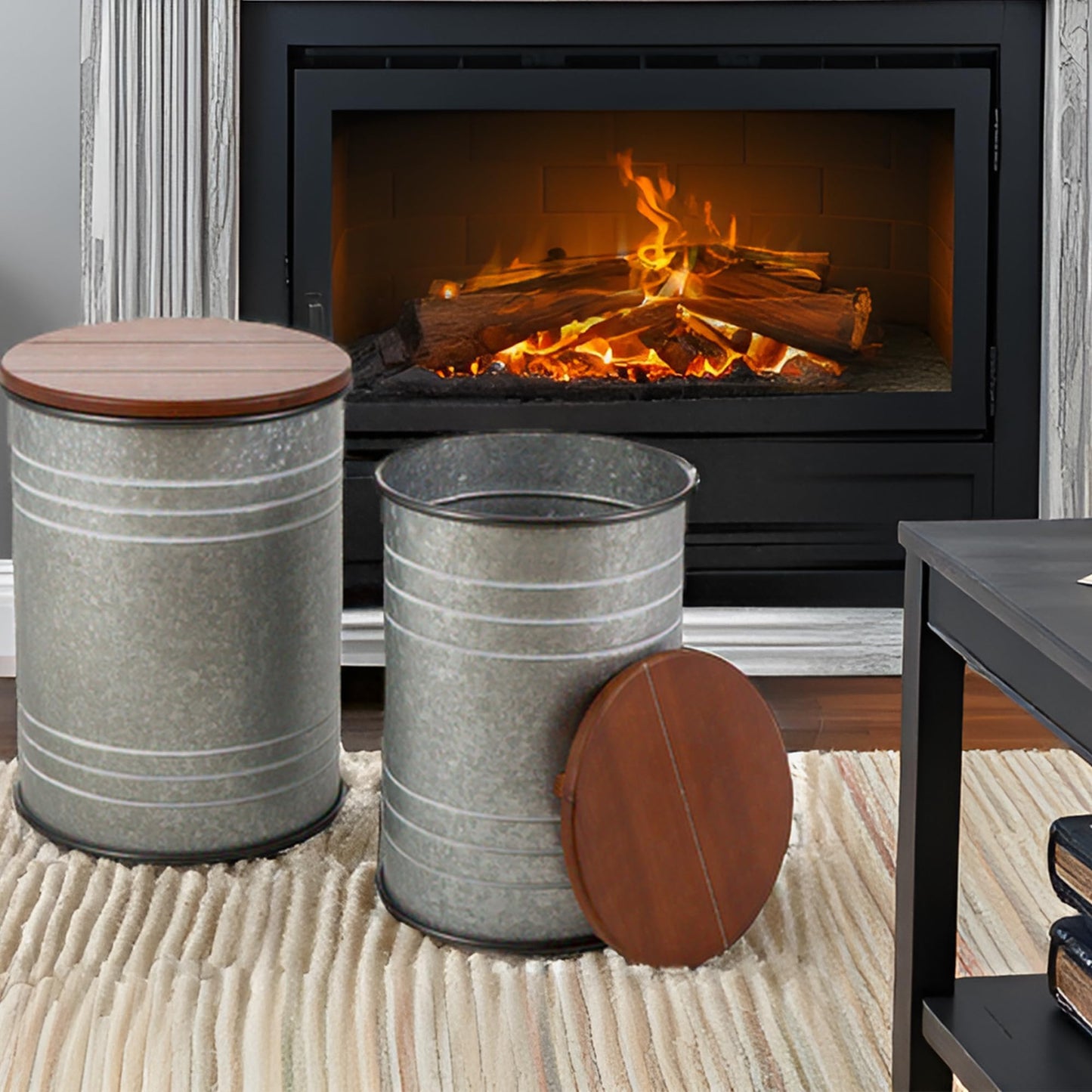 Glitzhome Rustic End Table Set of 2, Farmhouse Galvanized Metal Barrel Ottoman Storage Stool with Round Wood Lid for Living Room Furniture, Grey