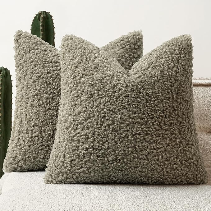 Faux Fur Throw Pillow Covers 20x20 Inch Set of 2 Boucle Neutral Decorative