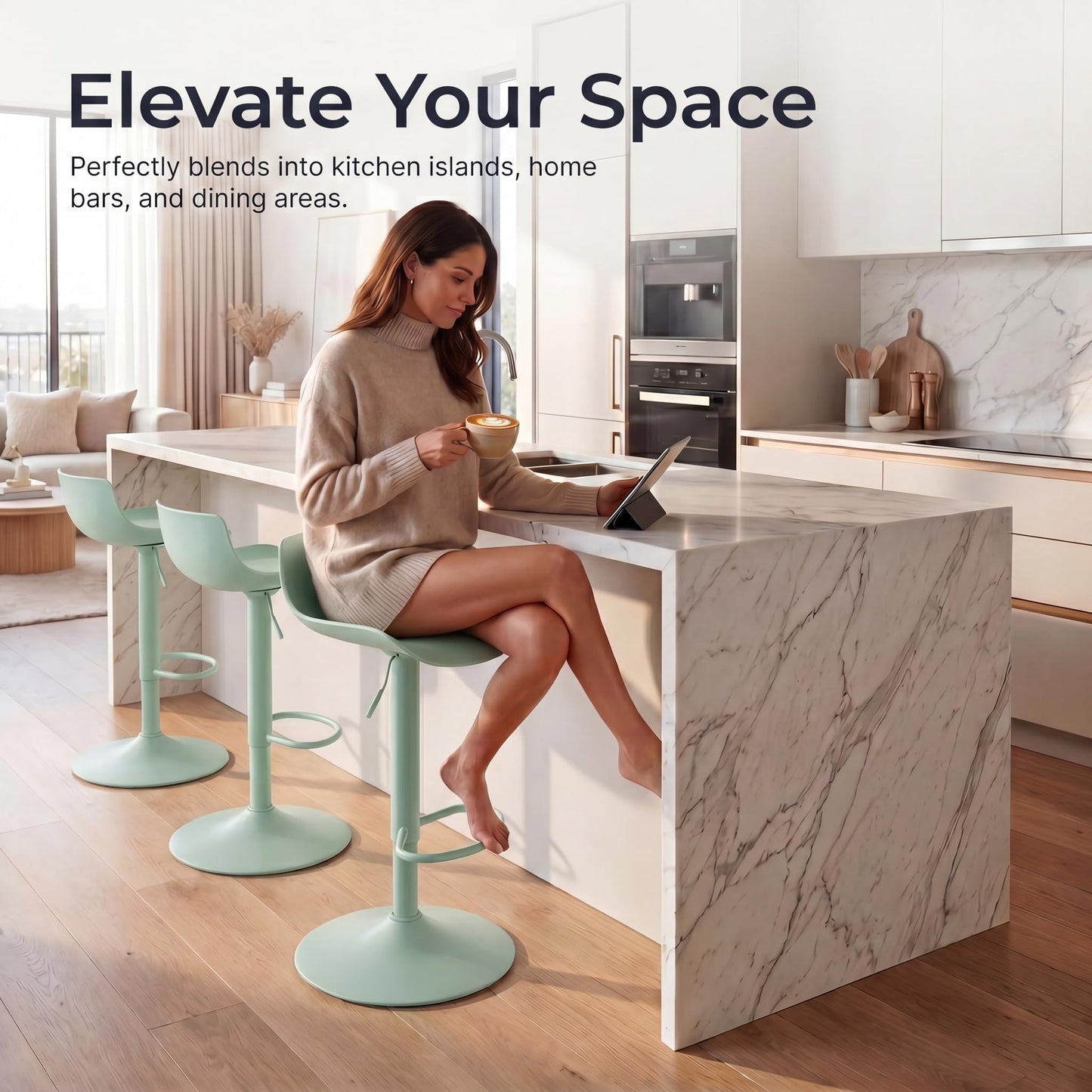YOUNIKE Adjustable Height Bar Stools Set of 2 Plastic Swivel Barstool with Low Back Modern Kitchen Counter Island Bar Chairs for Breakfast Nook Cafe Bars Office Mint Green