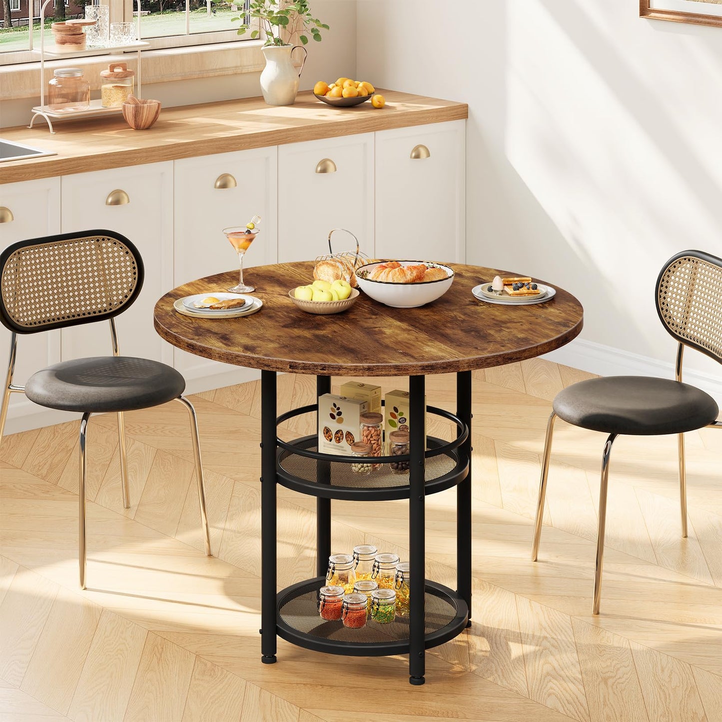 HOOBRO Dining Table, Round Dining Table for 2, 31.5" Kitchen Table for Small Spaces, Farmhouse Small Dining Room Table, 2-Tier Storage, Easy to Assemble, for Living Room, Rustic Brown BF19CZ01