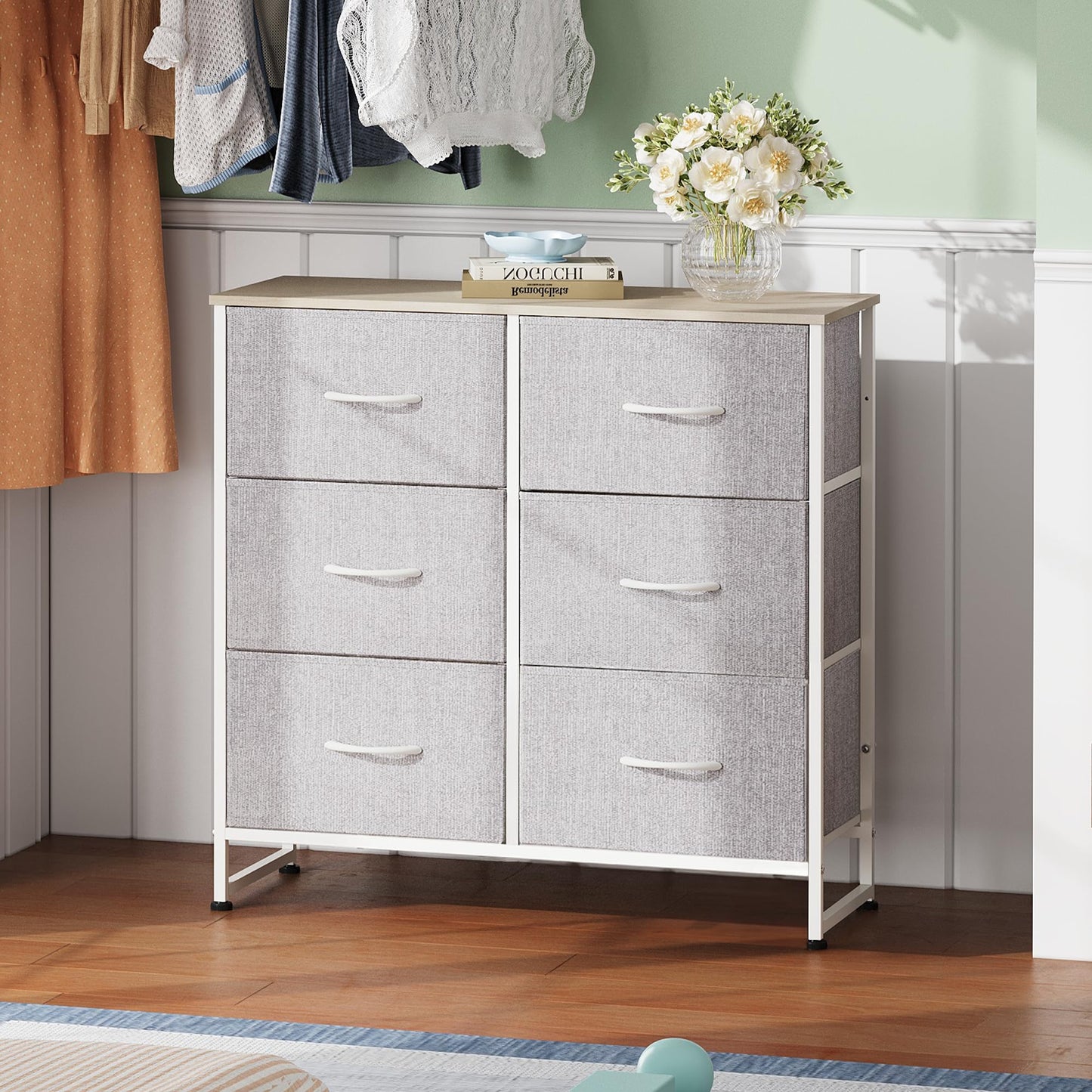 WLIVE Fabric Dresser for Bedroom, 6 Drawer Double Dresser, Closet Dresser with Fabric Bins, Chest of Drawers for Closet, Living Room, Hallway, Light Grey
