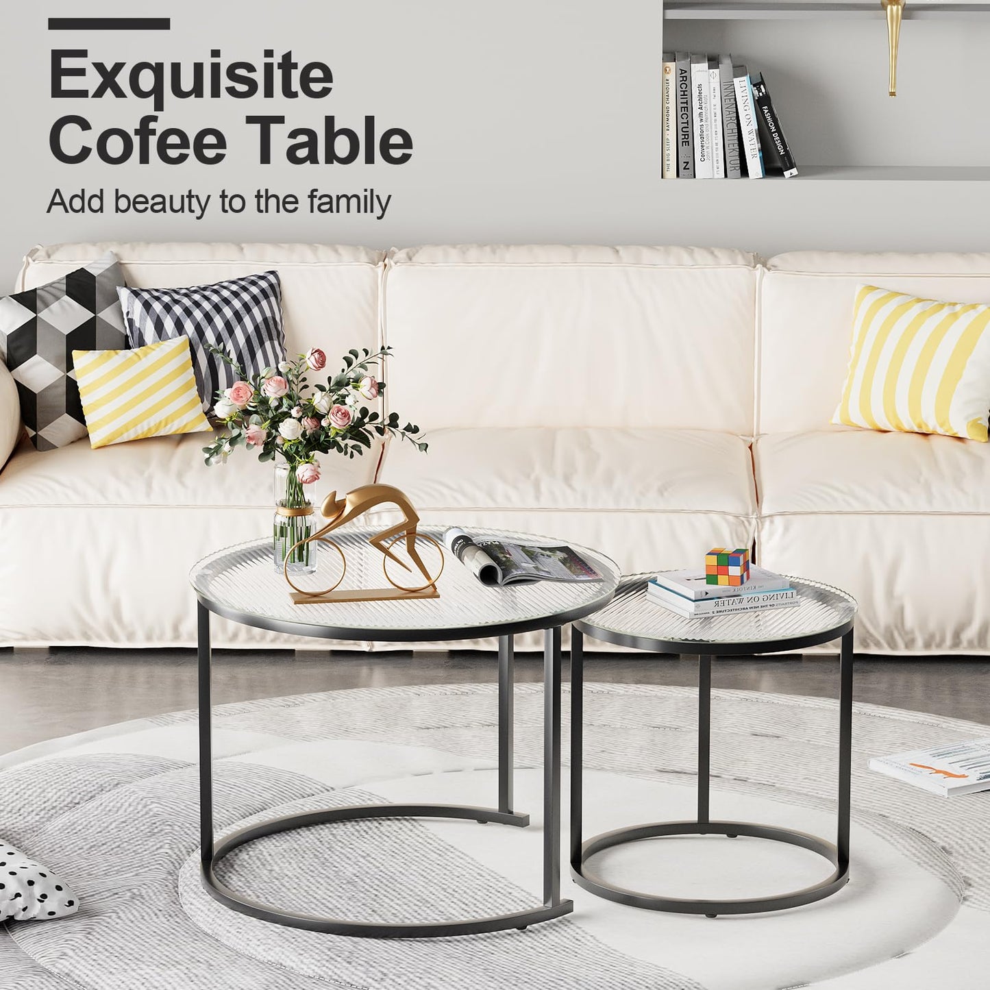aboxoo Gold Nesting Coffee Table Set of 2, Small Glass Round Nesting Tables for Living Room Bedroom, Accent Tea Table with Black Metal Frame Modern Industrial Simple