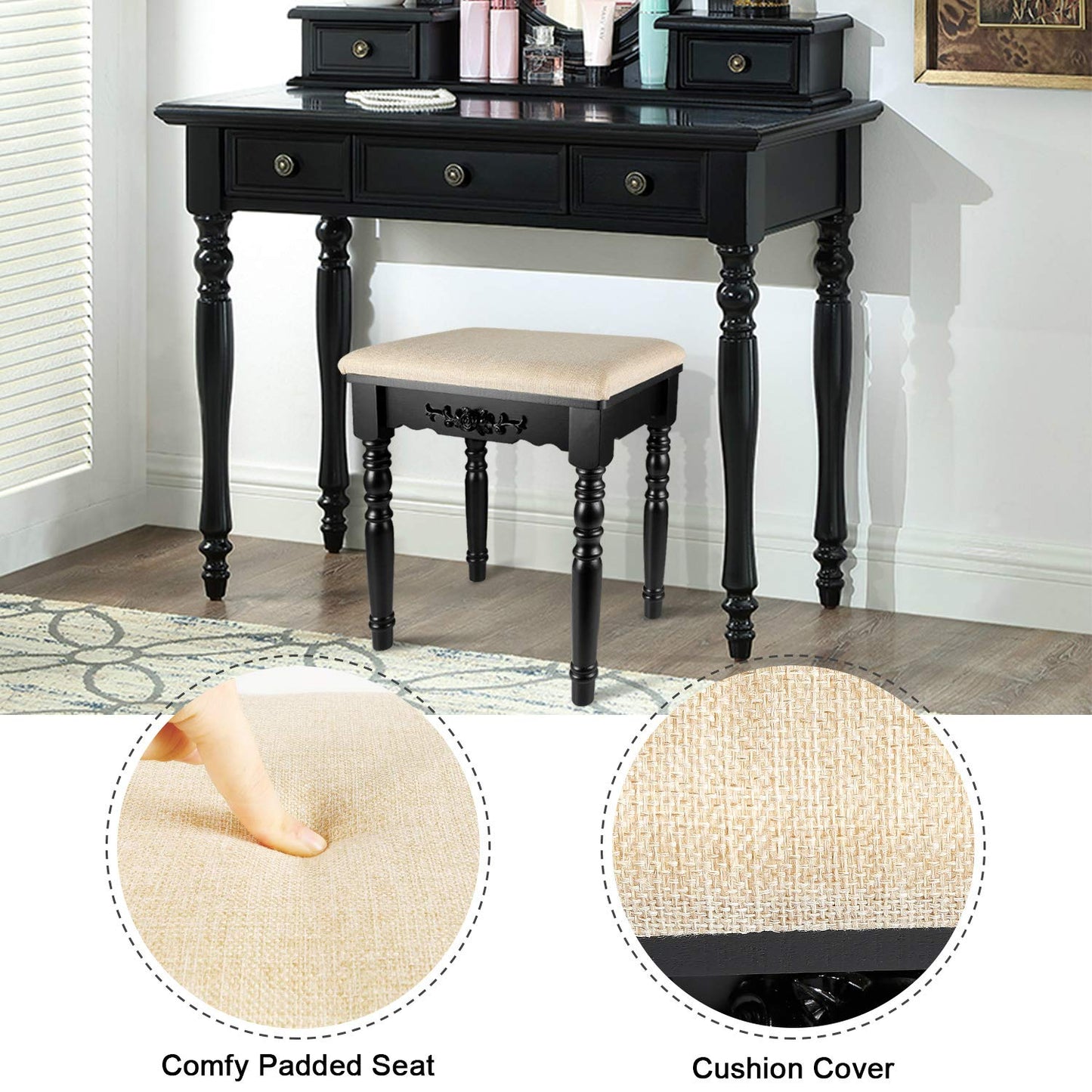 URFORESTIC Oak Wood Vanity Stool, Modern Makeup Dressing Stool with Concave Seat Surface,Capacity 300lb, Easy Assembly (Black)