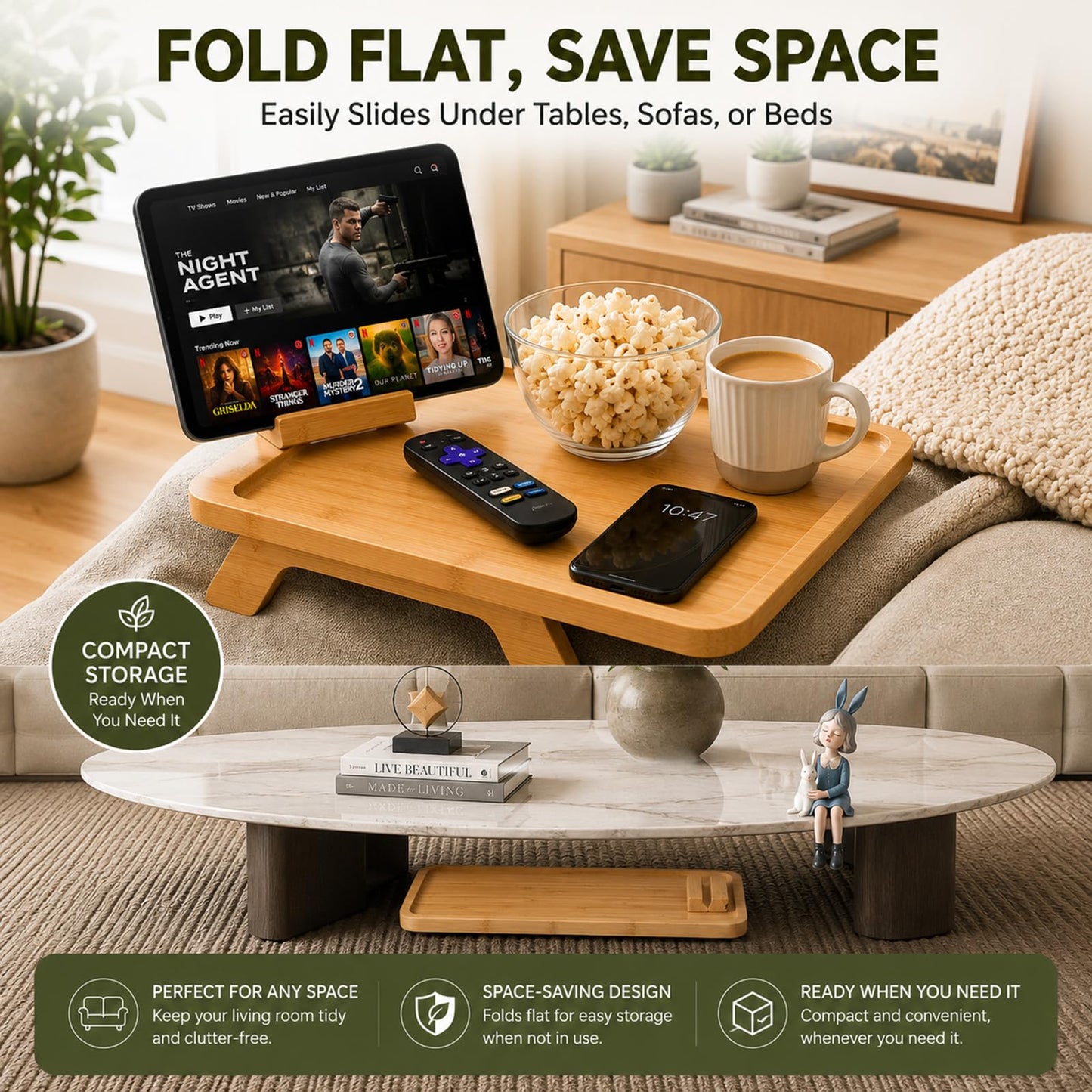 WOODSPROUT Bamboo Couch Cup Holder Tray, 4 in 1 Foldable Couch Arm Tray Table with 360° Rotating Phone Holder, Non-Slip Sofa Armrest Tray for Drinks, Snacks, Remote, Fits 3-13 Inch Flat Arms