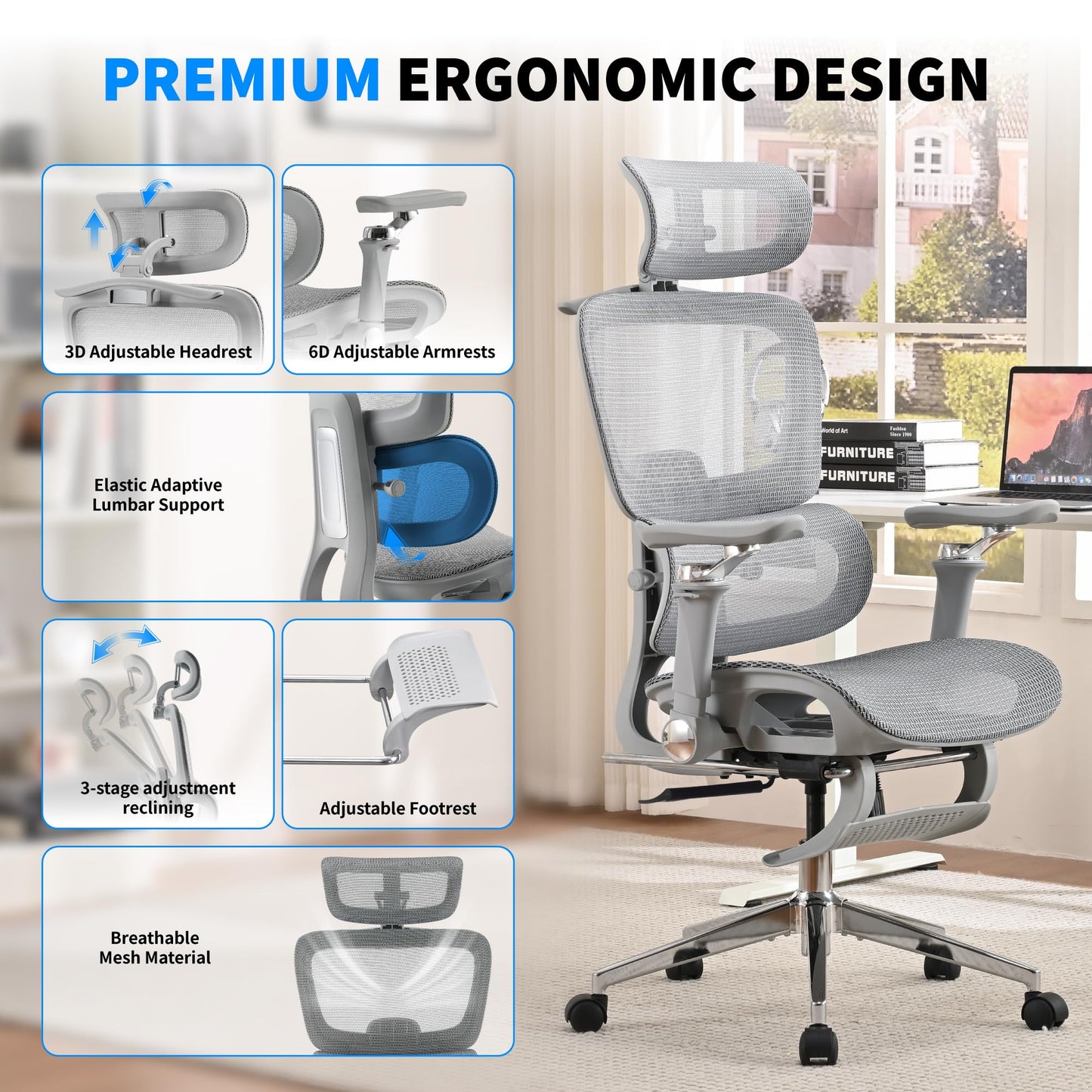hujusko Mesh Ergonomic Office Chair with 6D Armrests,High Back Mesh Gaming Chair with Lumbar Support,Adjustable 3D Headrest for Home Office Desk Chair (Executive, Grey)