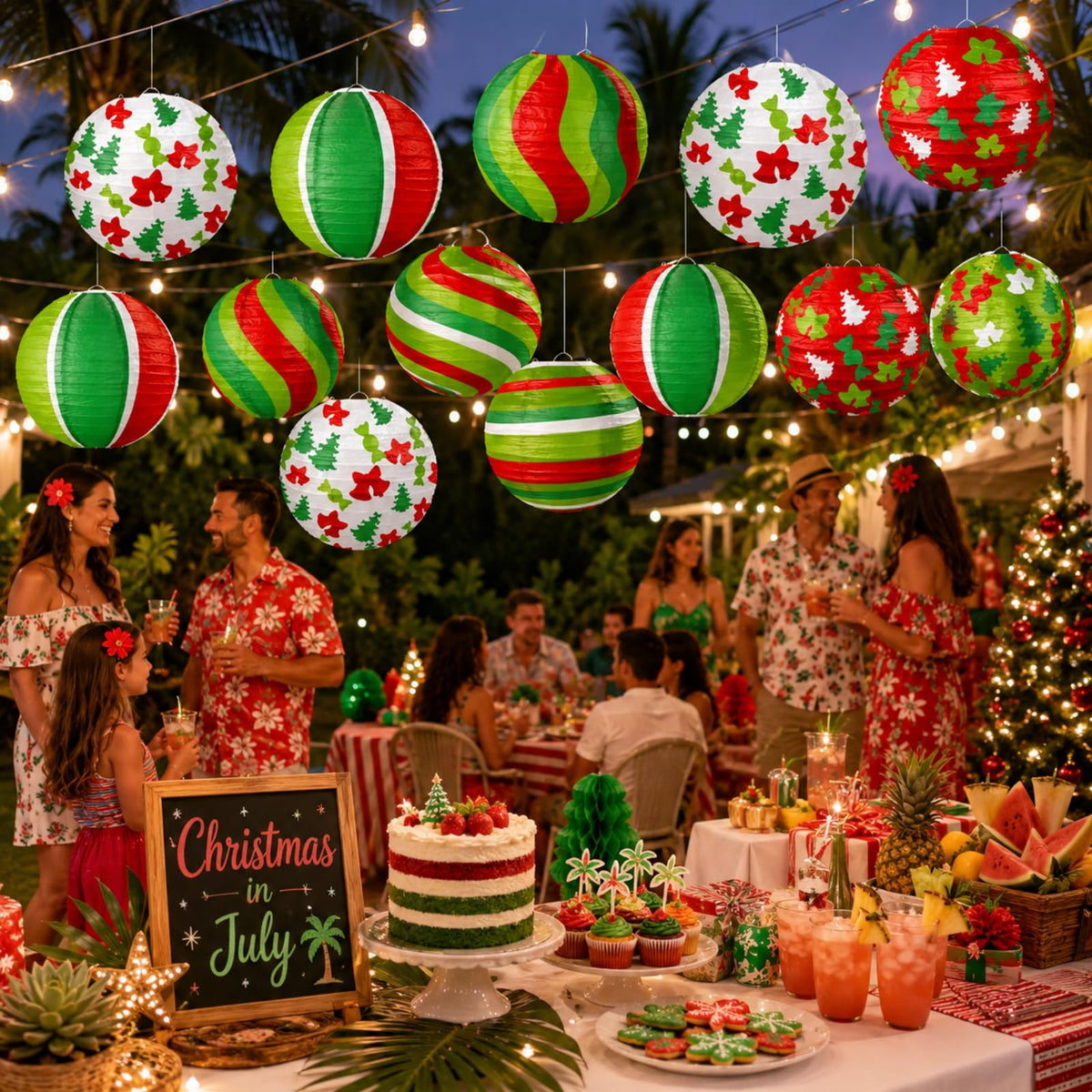 ADLKGG 12PCS Christmas Paper Lanterns Decorations - Hanging Xmas Lanterns with Trees, Bells, Stripes Patterns for Christmas in July & Winter Holiday Party Supplies, Home Patio Classroom Decor