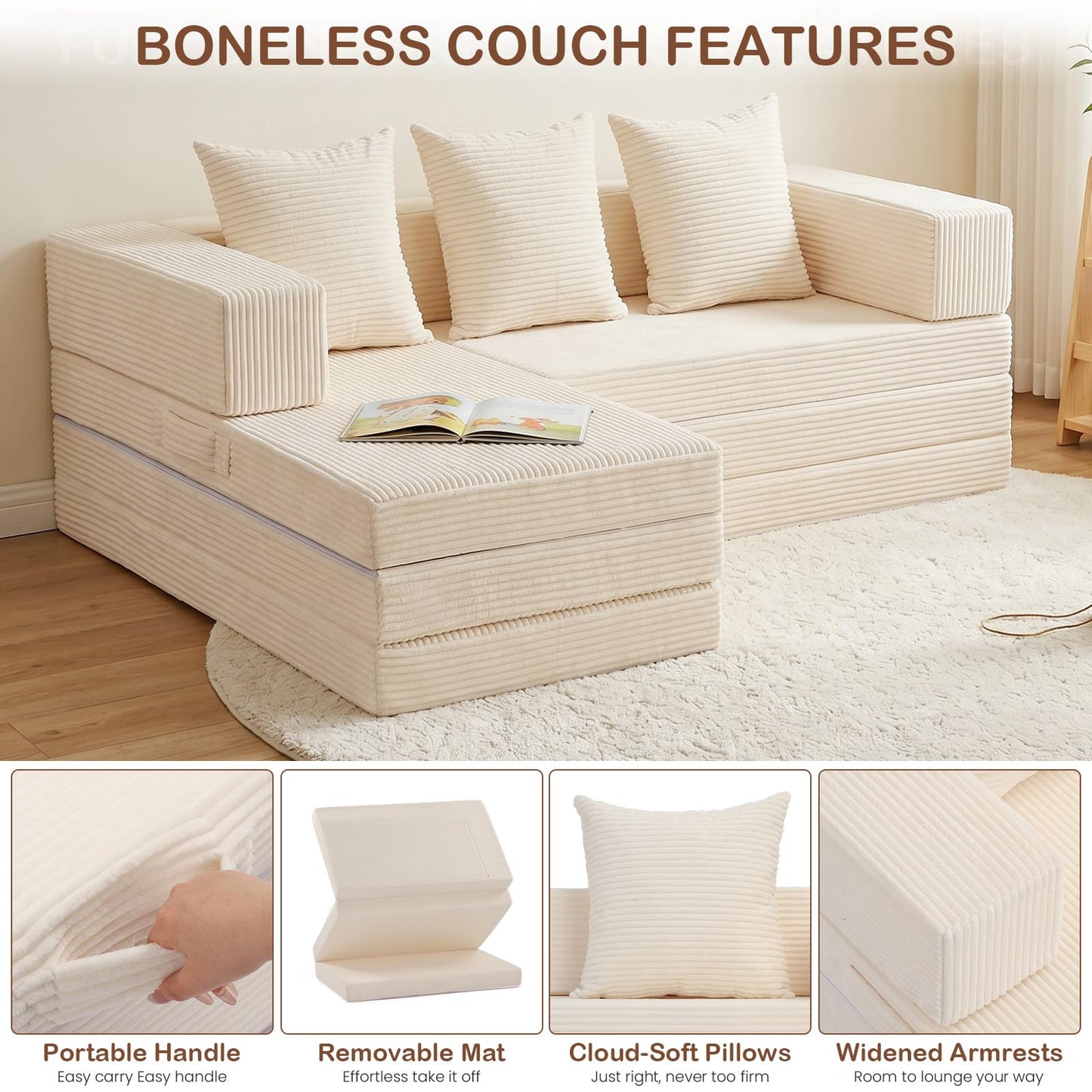65" L Shaped Couch for Small Spaces, No Assembly Cloud Sectional Sofa with Deep Seat, Left Facing Chaise, 4-in-1 Modular 3 Seater Corduroy Couch for Apartment, Beige