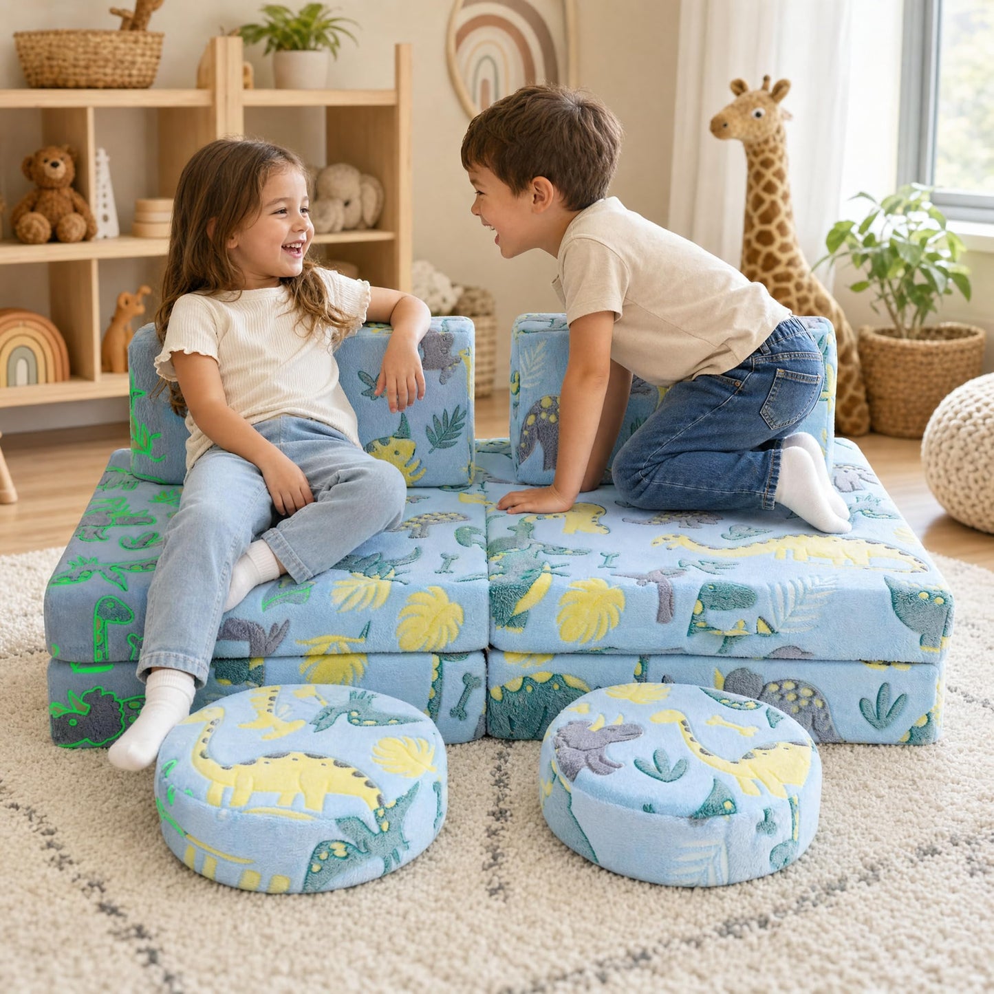 MeMoreCool Kids Couch, Blue Dinosaur Modular Foam Play Couch, Ages 3+