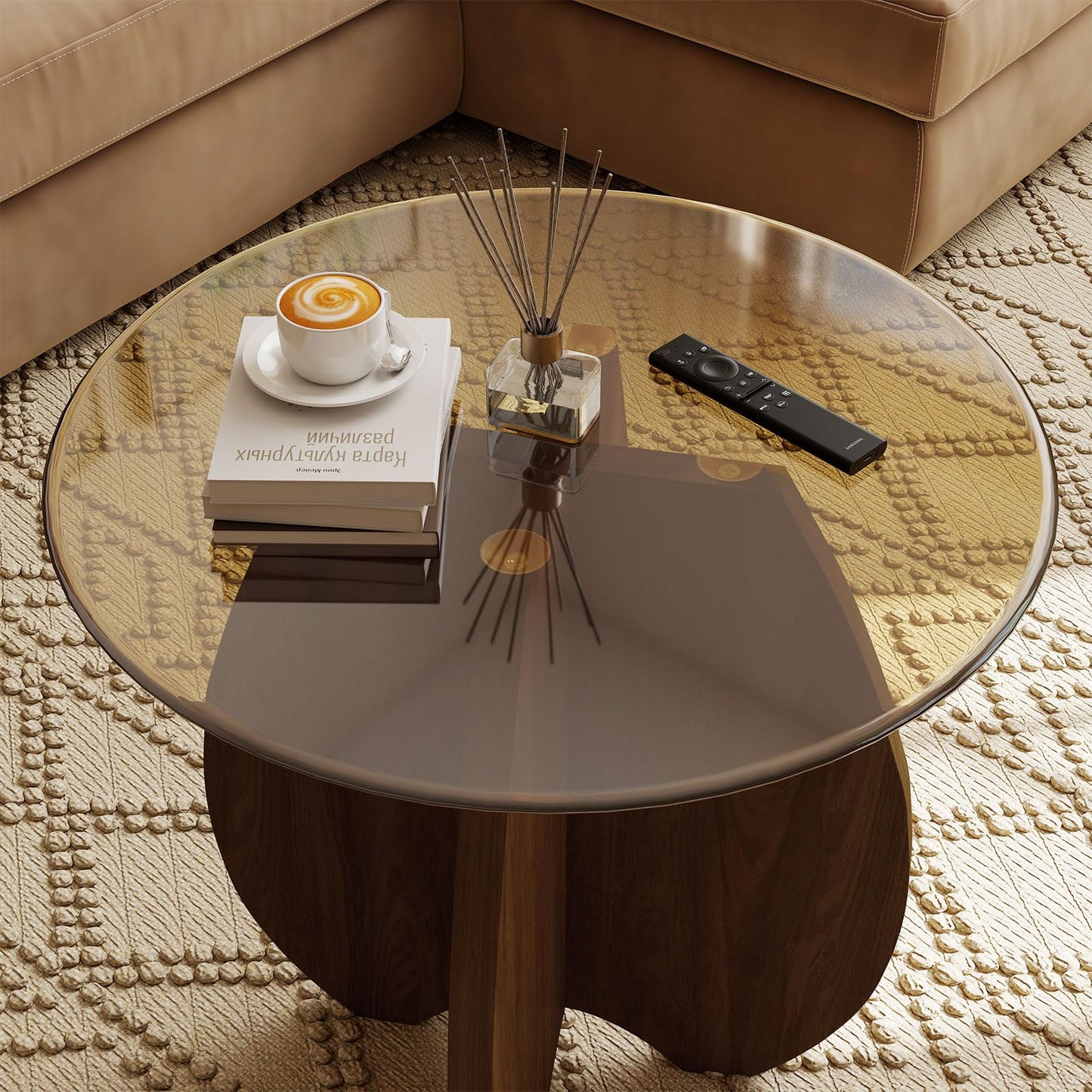 Permory MDF Frame Side Table with Brown Tempered Glass Top, Mortise and Tenon Joint Design, No Screw Easy Assembly, Sturdy End Table for Living Room, Bedroom (Shell-Brown)