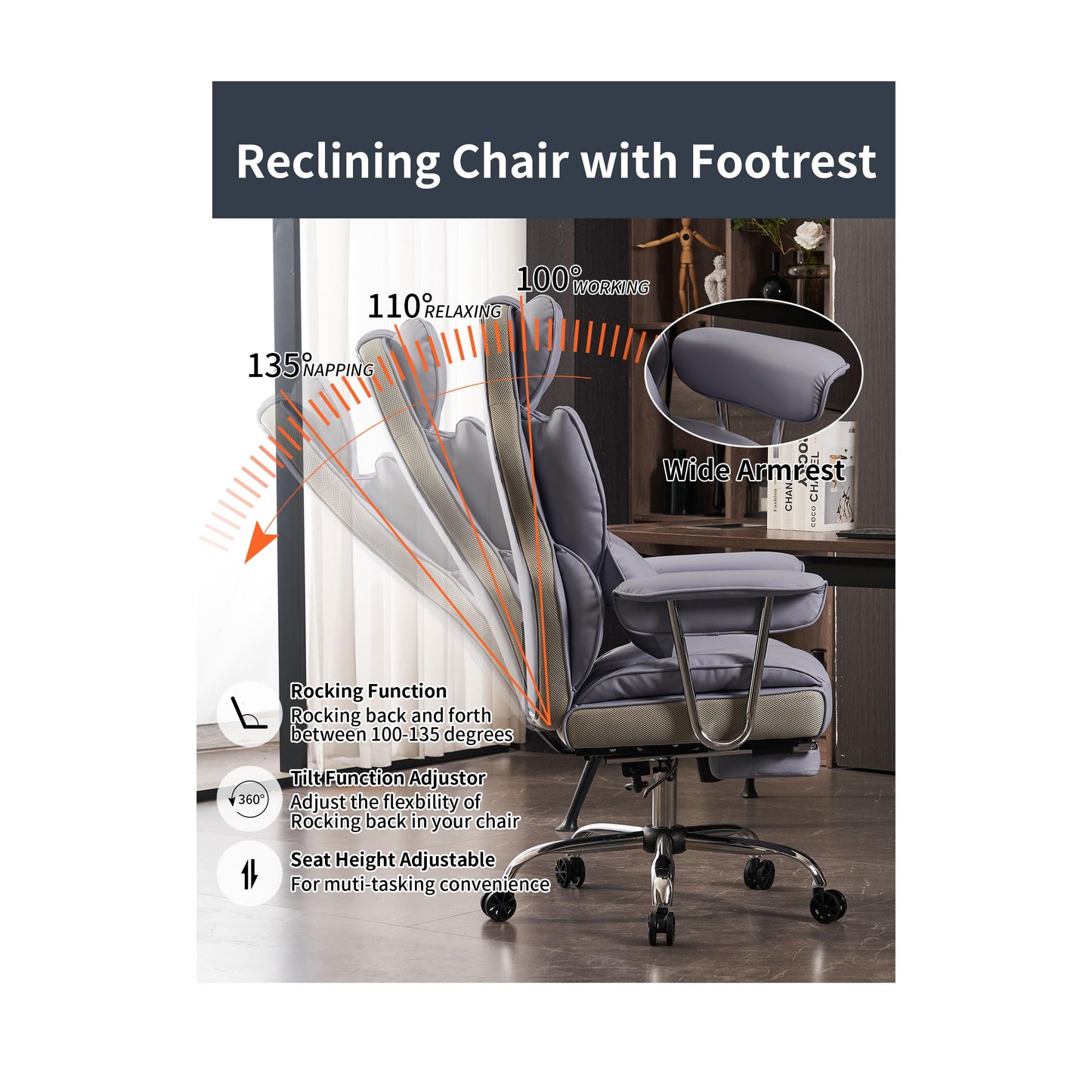 Efomao Big and Tall Office Chair 440LBS, Purple Heavy Duty Executive Chair with Footrest, Ergonomic Desk Chair for Home Office, Wide Computer Chair