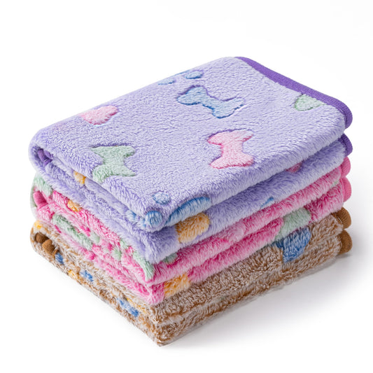 1 Pack 3 Blankets Super Soft Fluffy Premium Fleece Pet Blanket Flannel Paw Printed Throw for Dog Puppy Cat (Small 23x16'', Purple, Pink, Brown)